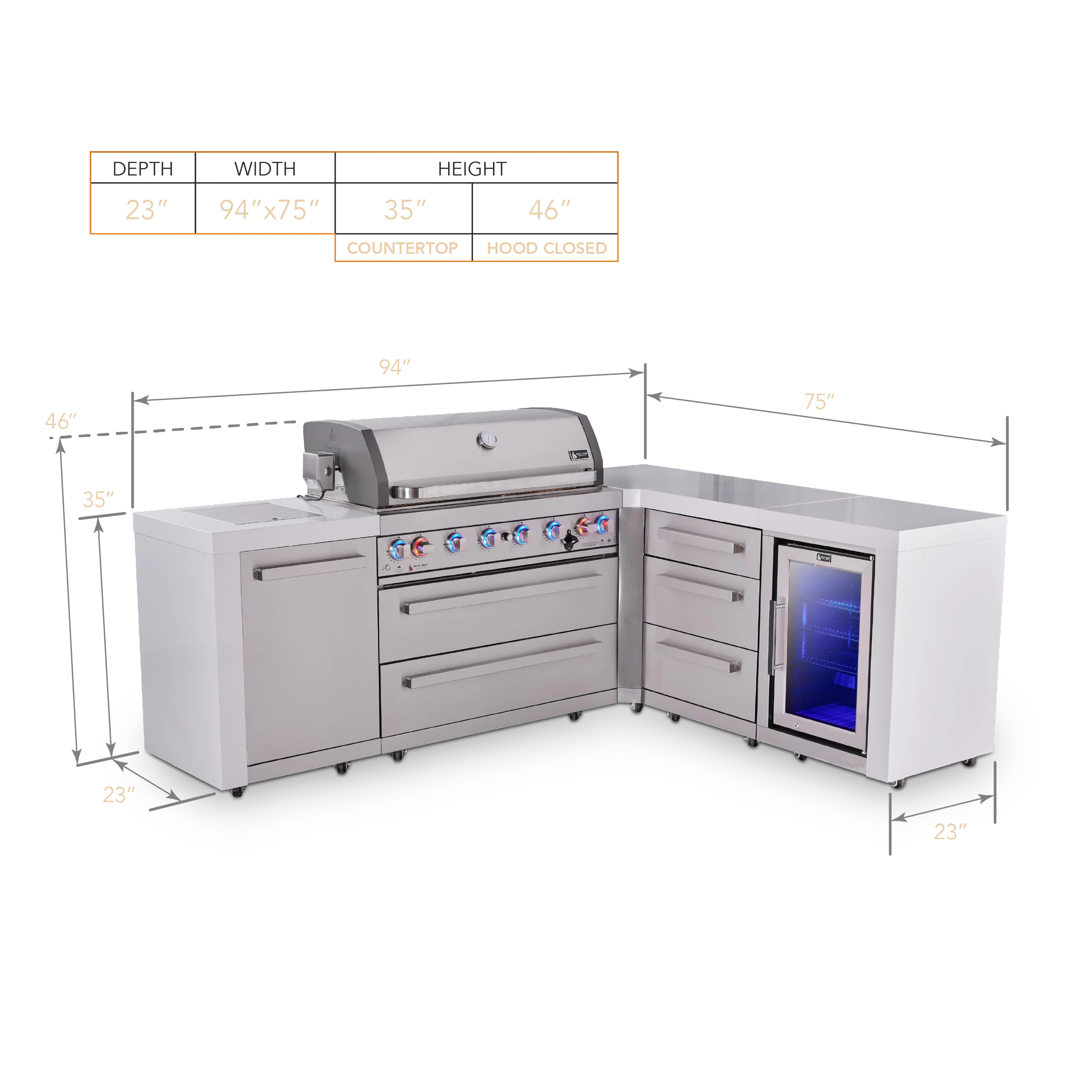 6-burner L-shaped Deluxe Series Outdoor Kitchen Island With Corner Fridge And Extra Drawer Slides Cabinet MAI805D90FCDR