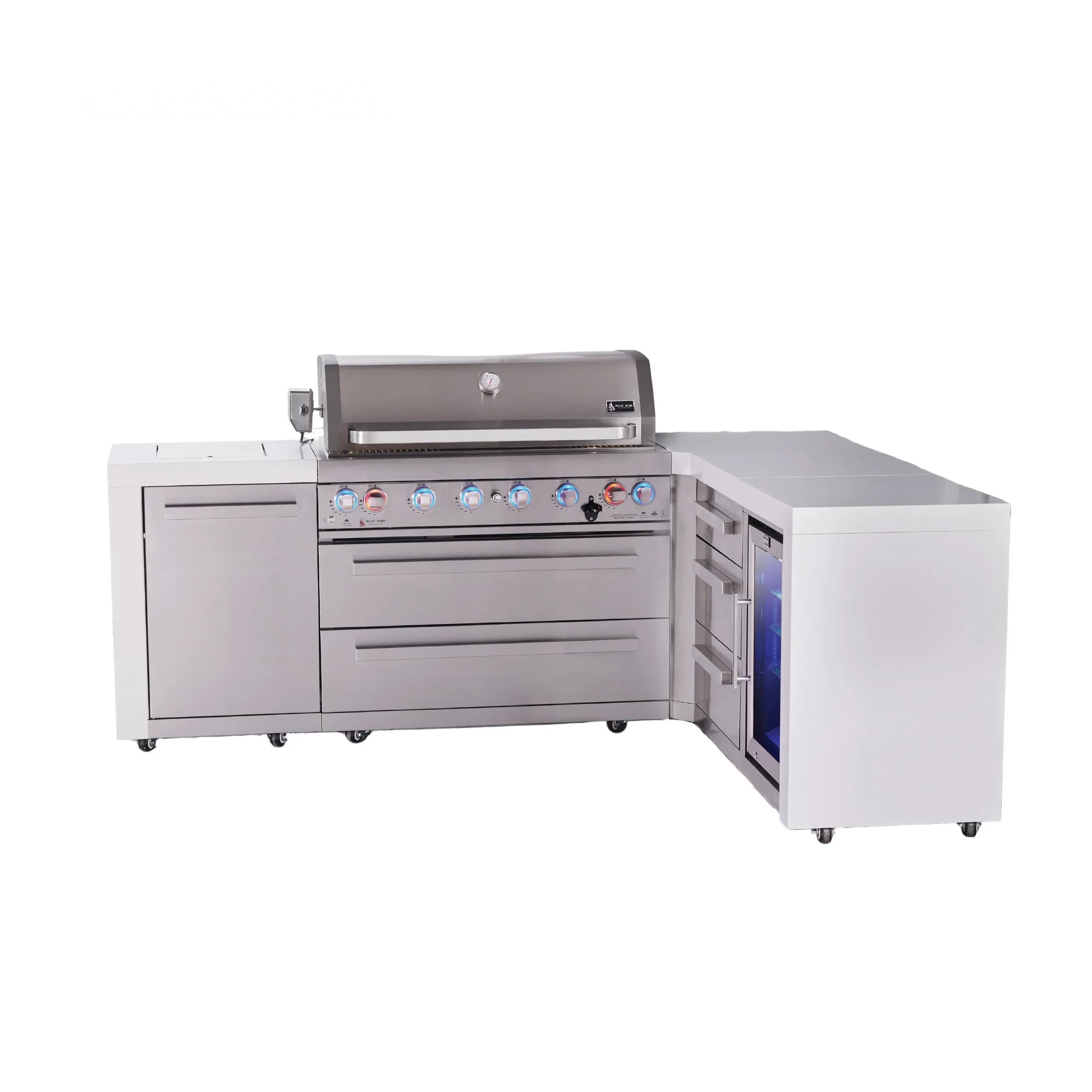 6-burner L-shaped Deluxe Series Outdoor Kitchen Island With Corner Fridge And Extra Drawer Slides Cabinet MAI805D90FCDR