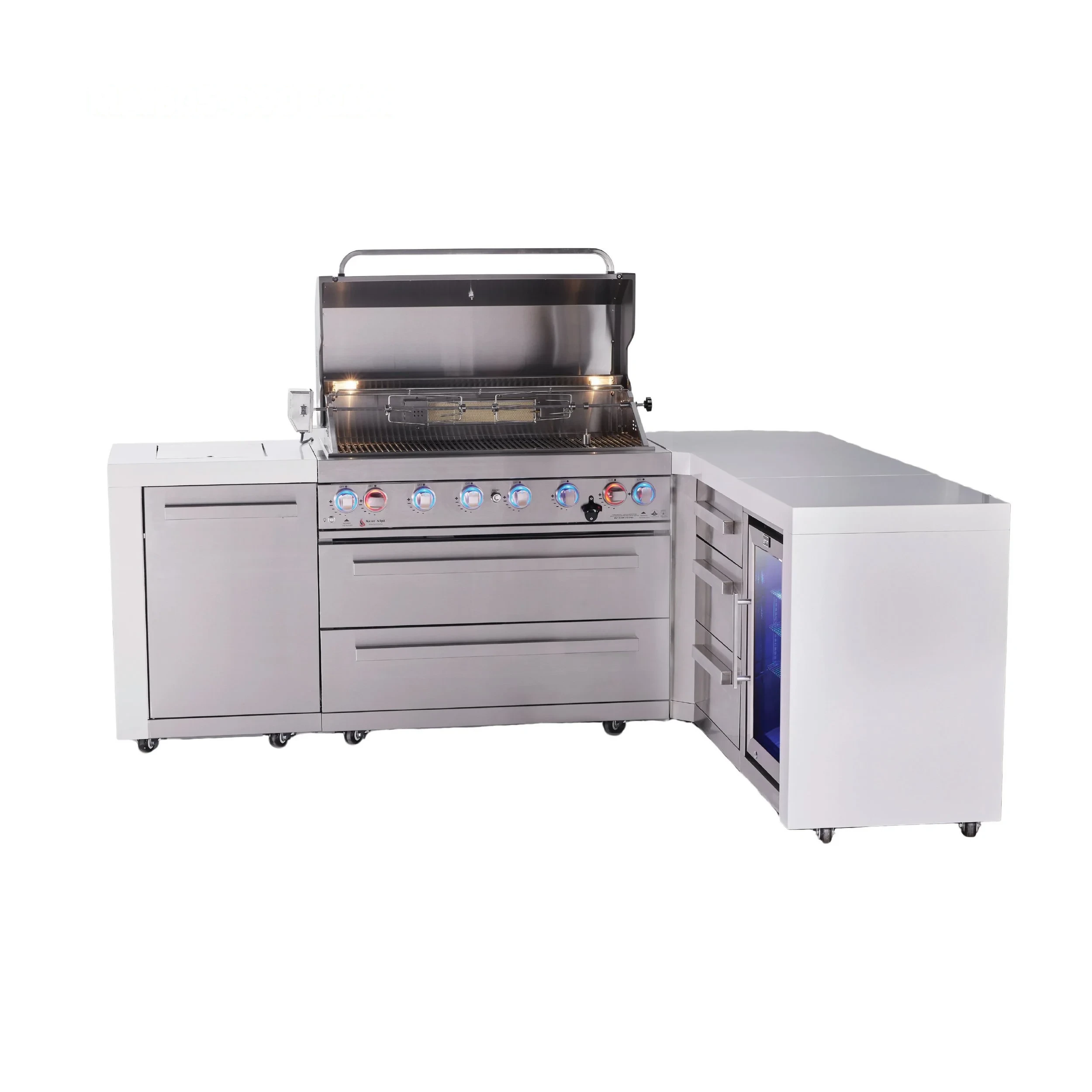 6-burner L-shaped Deluxe Series Outdoor Kitchen Island With Corner Fridge And Extra Drawer Slides Cabinet MAI805D90FCDR