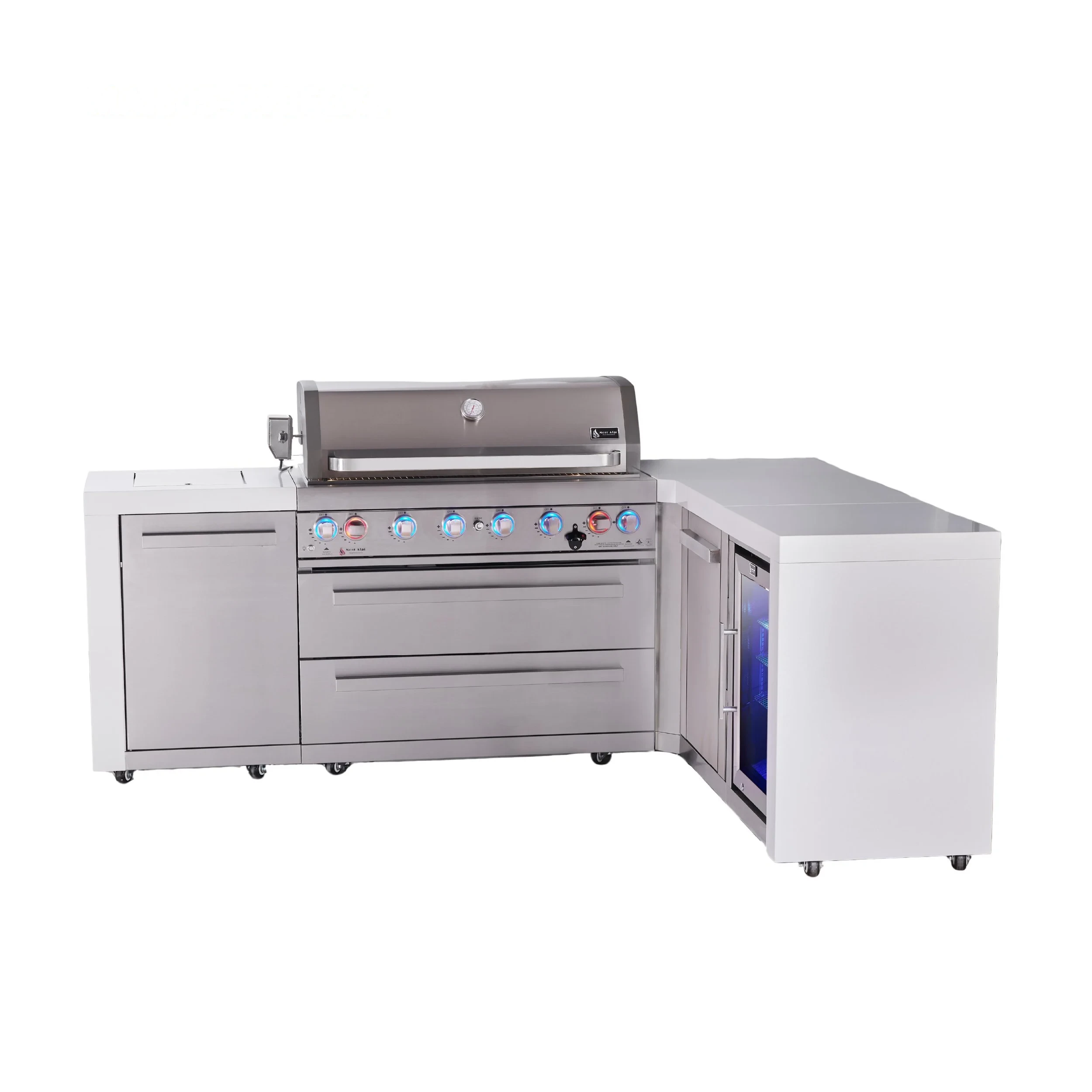 6-burner L-shaped Deluxe Series Outdoor Kitchen Island With Fridge And Extra Storage Cabinet Module MAI805D90FCXL
