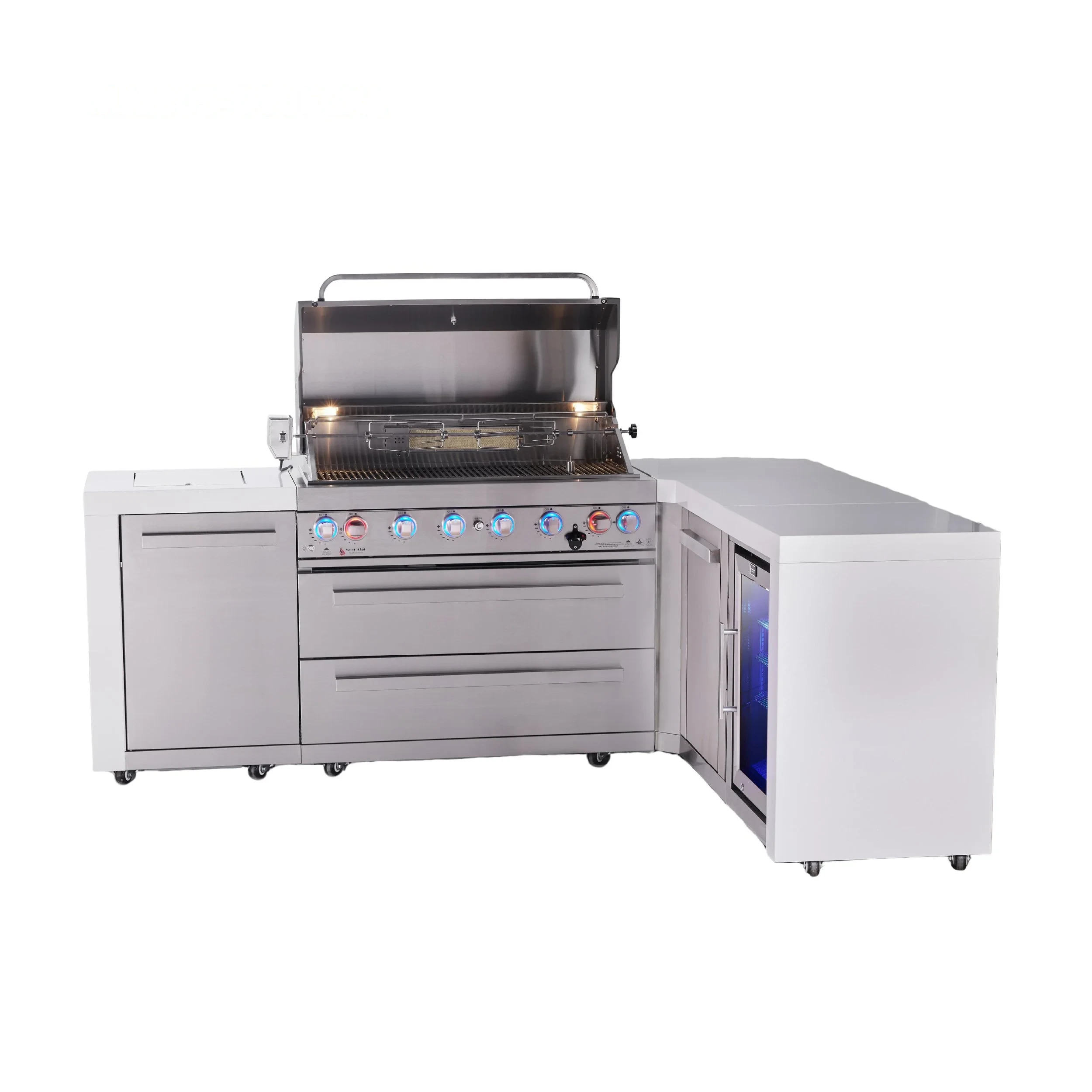 6-burner L-shaped Deluxe Series Outdoor Kitchen Island With Fridge And Extra Storage Cabinet Module MAI805D90FCXL