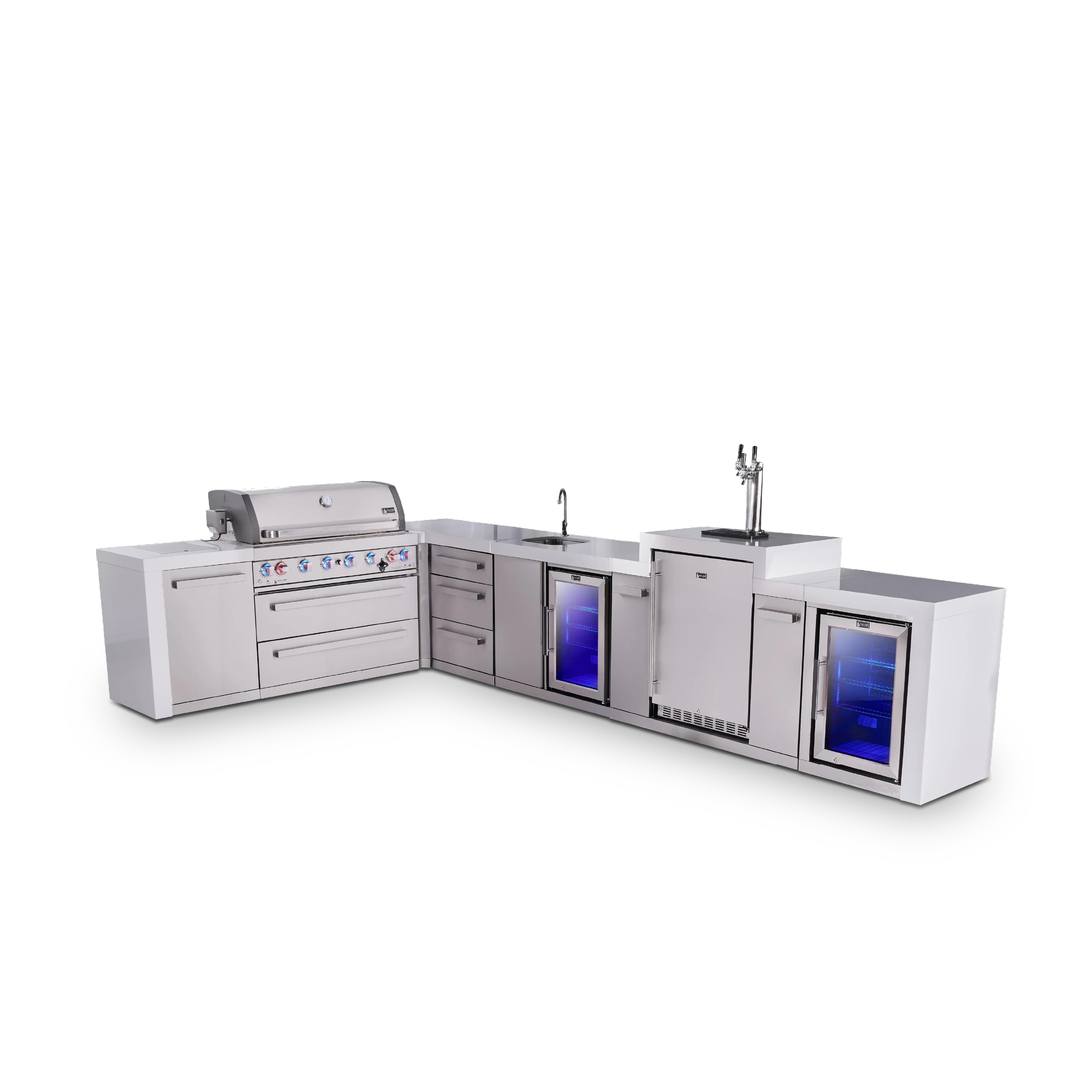 6-burner L-shaped Deluxe Series Outdoor Kitchen Island With Beverage Center, Kegerator And Corner Fridge Module Plus Extra Drawer Slides Cabinet MAI805D90KEGBEVFCDR