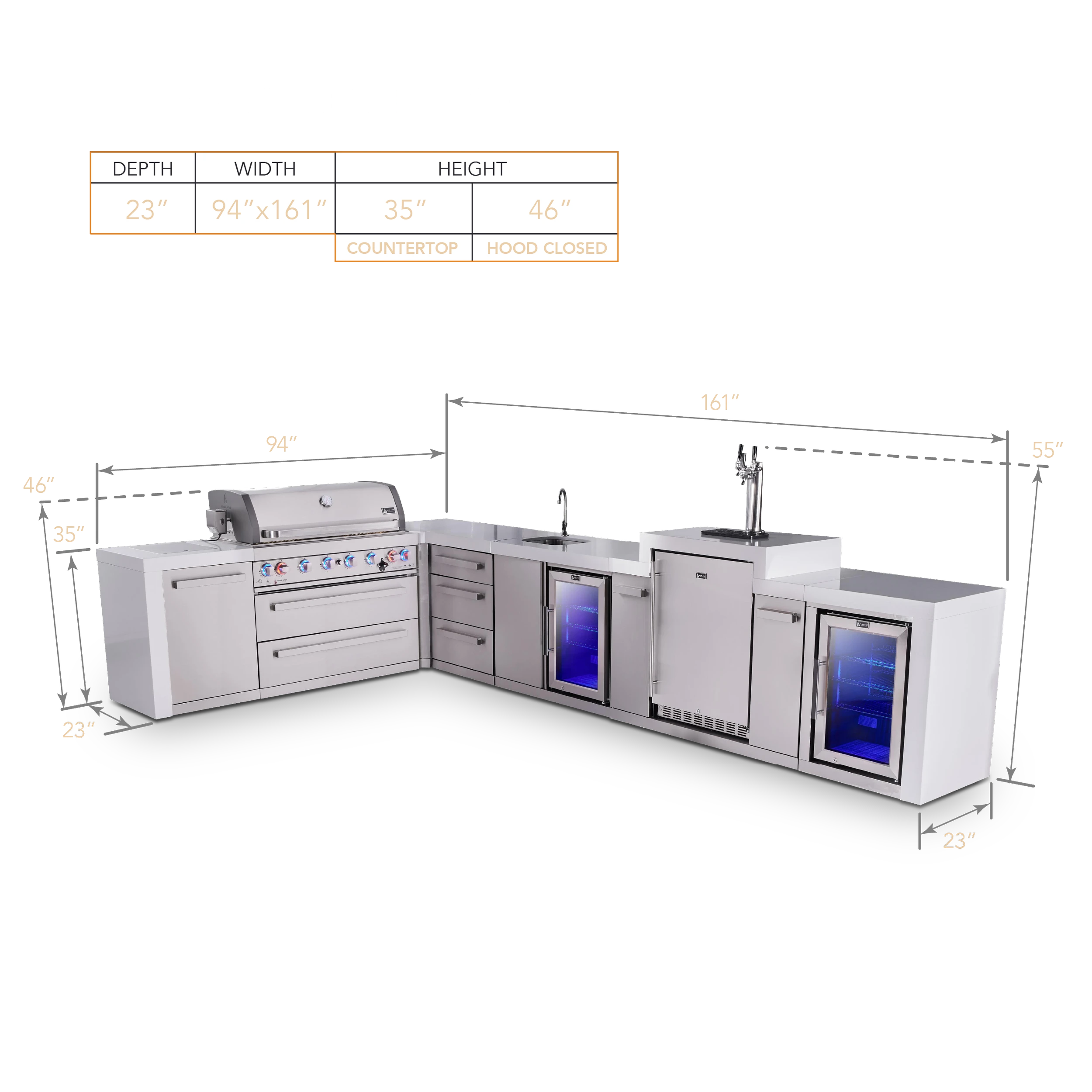 6-burner L-shaped Deluxe Series Outdoor Kitchen Island With Beverage Center, Kegerator And Corner Fridge Module Plus Extra Drawer Slides Cabinet MAI805D90KEGBEVFCDR