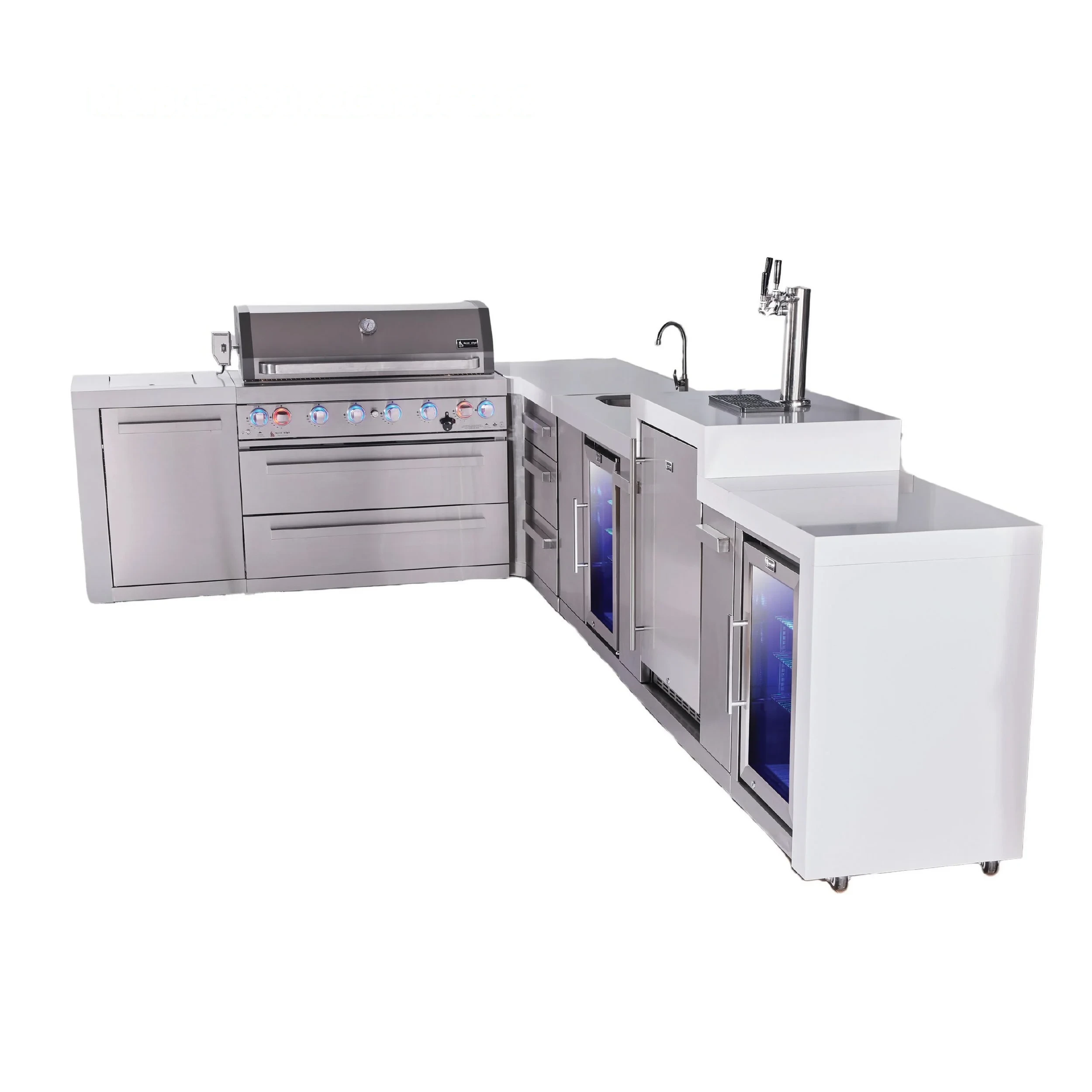 6-burner L-shaped Deluxe Series Outdoor Kitchen Island With Beverage Center, Kegerator And Corner Fridge Module Plus Extra Drawer Slides Cabinet MAI805D90KEGBEVFCDR