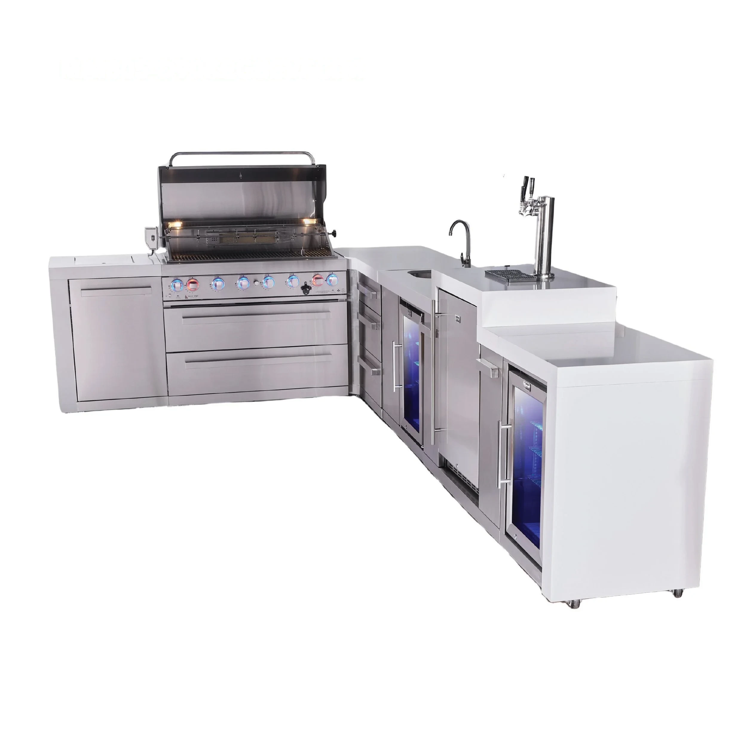 6-burner L-shaped Deluxe Series Outdoor Kitchen Island With Beverage Center, Kegerator And Corner Fridge Module Plus Extra Drawer Slides Cabinet MAI805D90KEGBEVFCDR