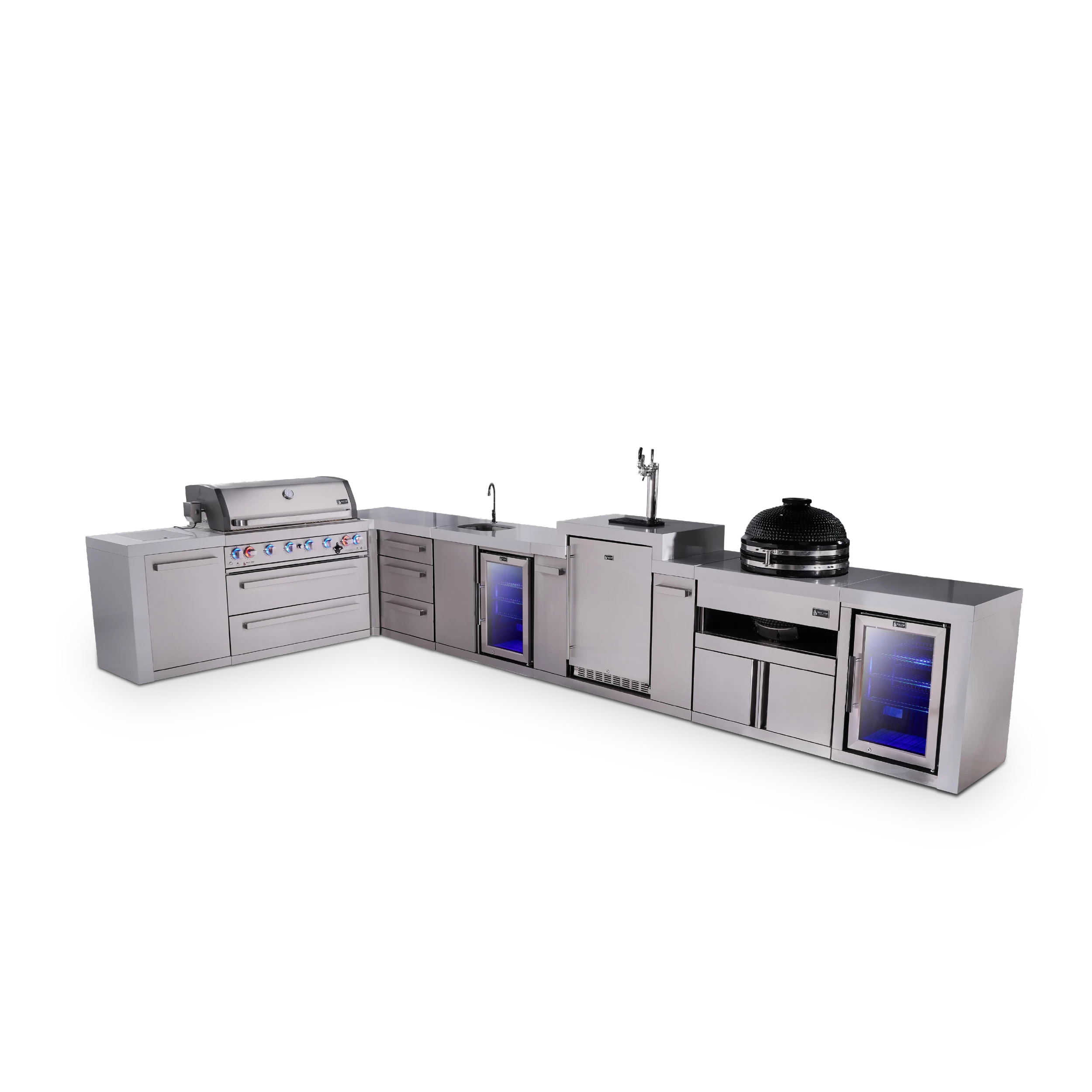6-burner L-shaped Deluxe Series Outdoor Kitchen Island With Beverage Center, Kegerator, Kamado & Corner Fridge Module Plus Extra Drawer Slides Cabinet MAI805D90KEGBEVFCKAMDR