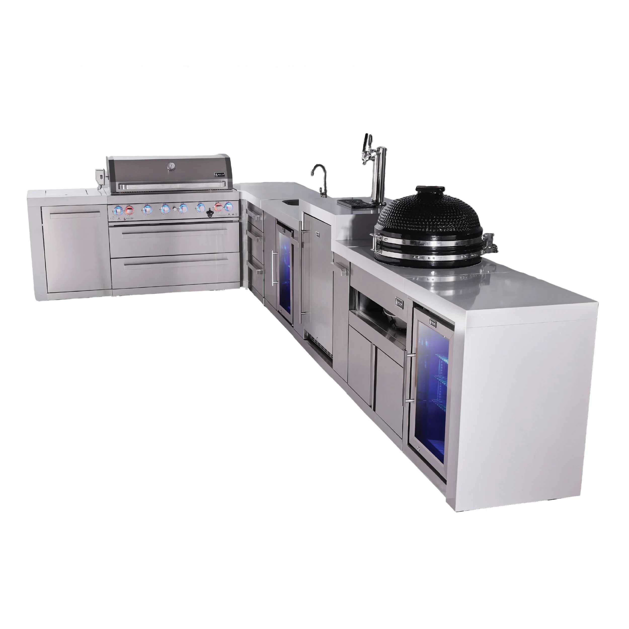 6-burner L-shaped Deluxe Series Outdoor Kitchen Island With Beverage Center, Kegerator, Kamado & Corner Fridge Module Plus Extra Drawer Slides Cabinet MAI805D90KEGBEVFCKAMDR