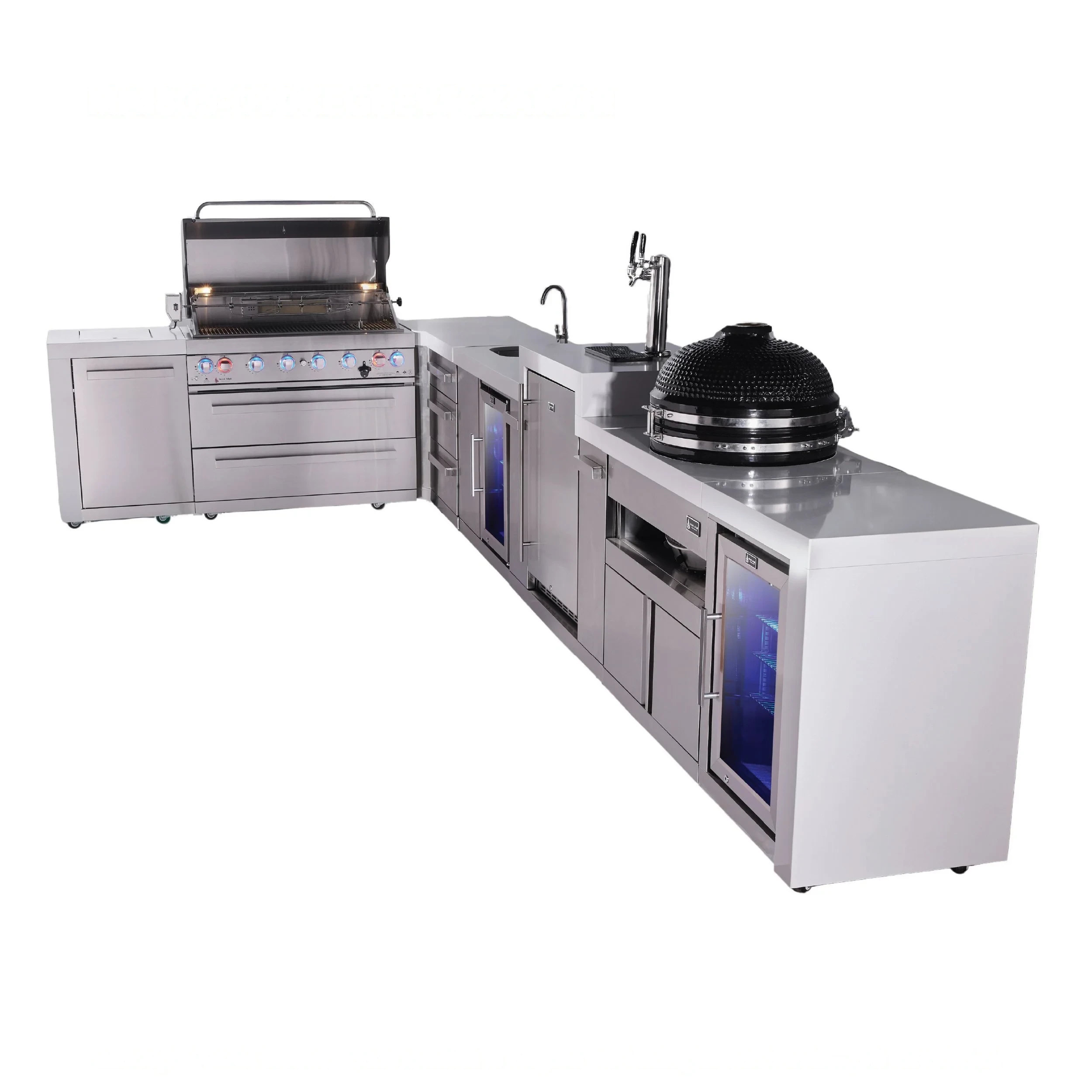 6-burner L-shaped Deluxe Series Outdoor Kitchen Island With Beverage Center, Kegerator, Kamado & Corner Fridge Module Plus Extra Drawer Slides Cabinet MAI805D90KEGBEVFCKAMDR