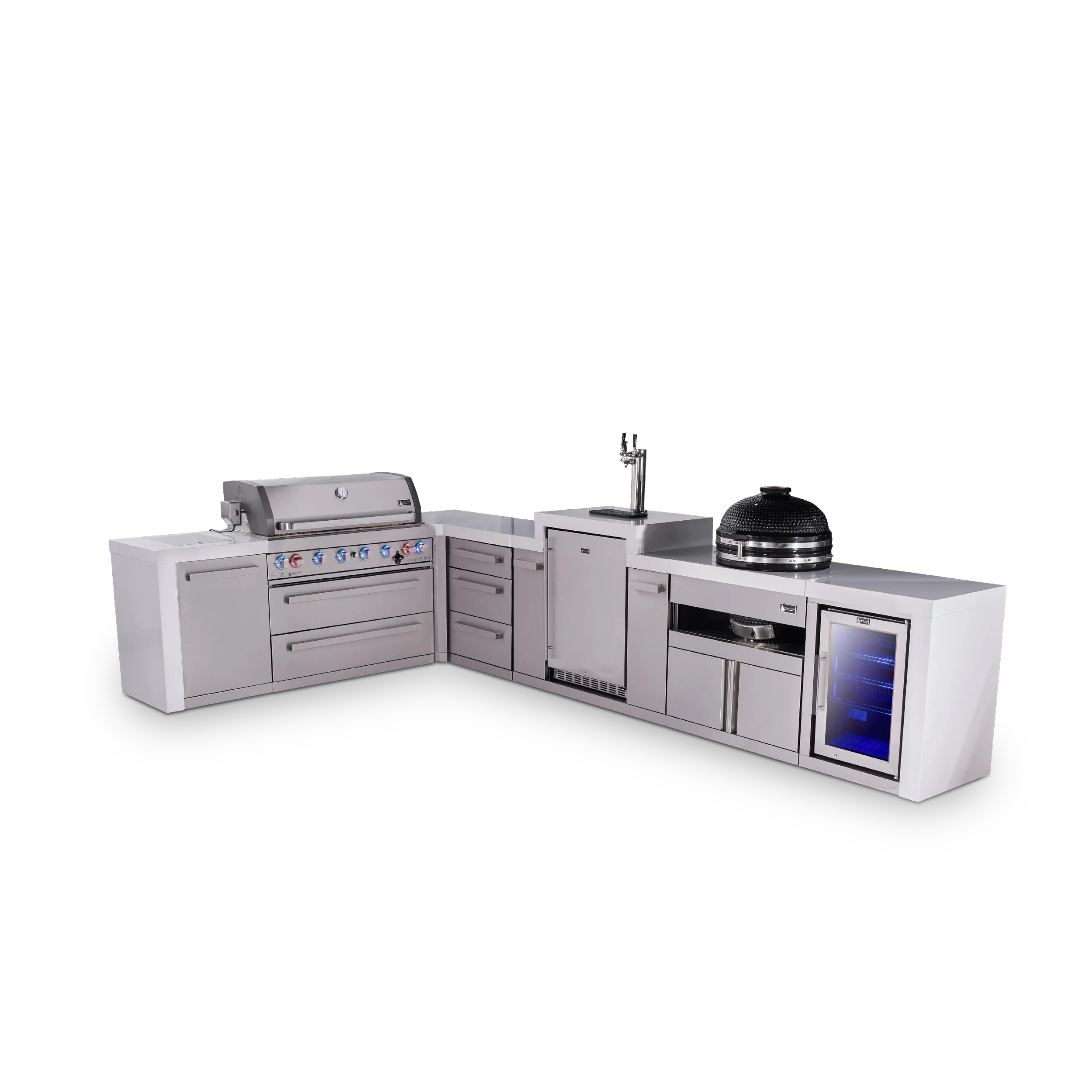 6-burner L-shaped Deluxe Series Outdoor Kitchen Island With Kegerator, Kamado And Corner Fridge Module Plus Extra Drawers Slide Cabinet MAI805D90KEGFCKAMDR
