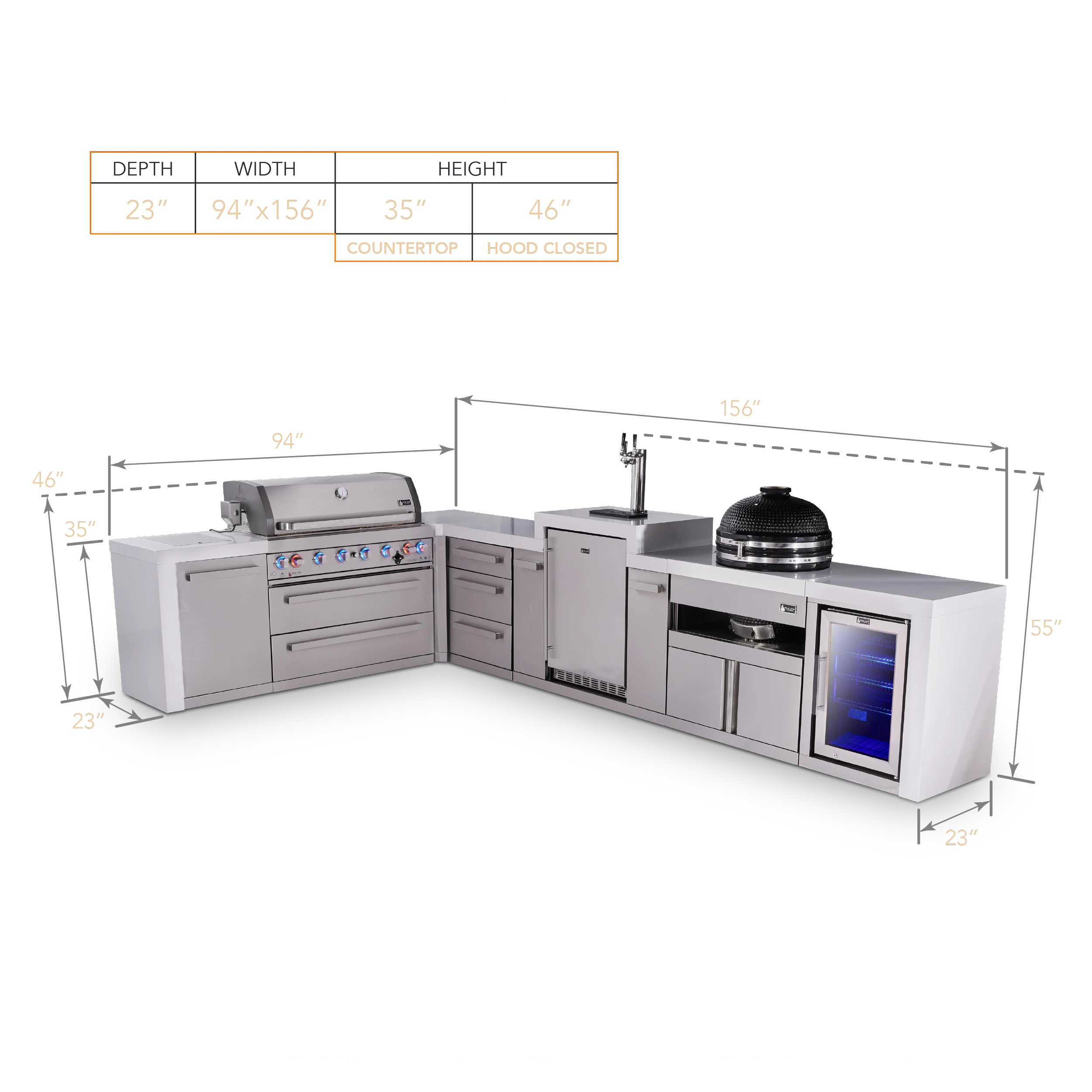 6-burner L-shaped Deluxe Series Outdoor Kitchen Island With Kegerator, Kamado And Corner Fridge Module Plus Extra Drawers Slide Cabinet MAI805D90KEGFCKAMDR