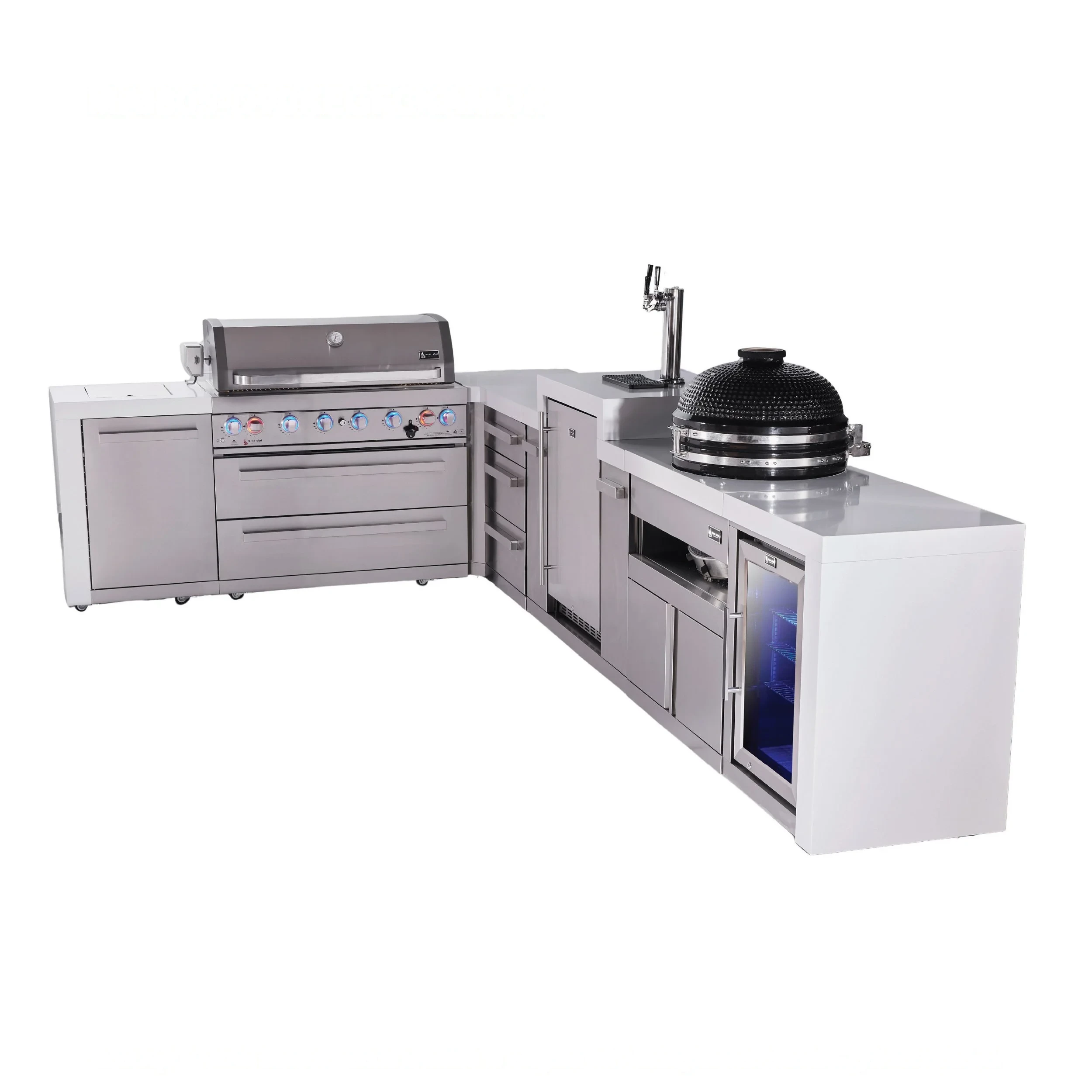 6-burner L-shaped Deluxe Series Outdoor Kitchen Island With Kegerator, Kamado And Corner Fridge Module Plus Extra Drawers Slide Cabinet MAI805D90KEGFCKAMDR