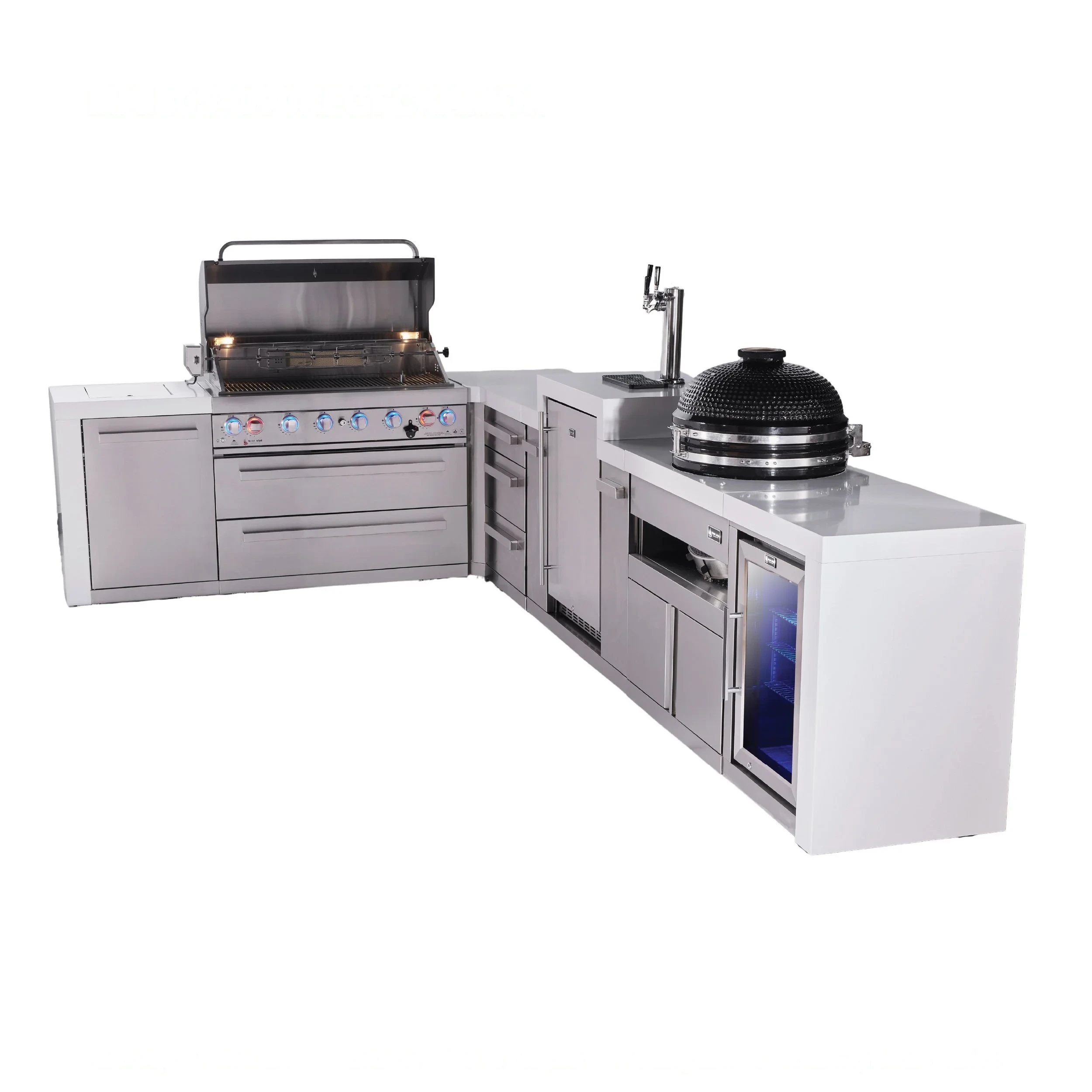 6-burner L-shaped Deluxe Series Outdoor Kitchen Island With Kegerator, Kamado And Corner Fridge Module Plus Extra Drawers Slide Cabinet MAI805D90KEGFCKAMDR