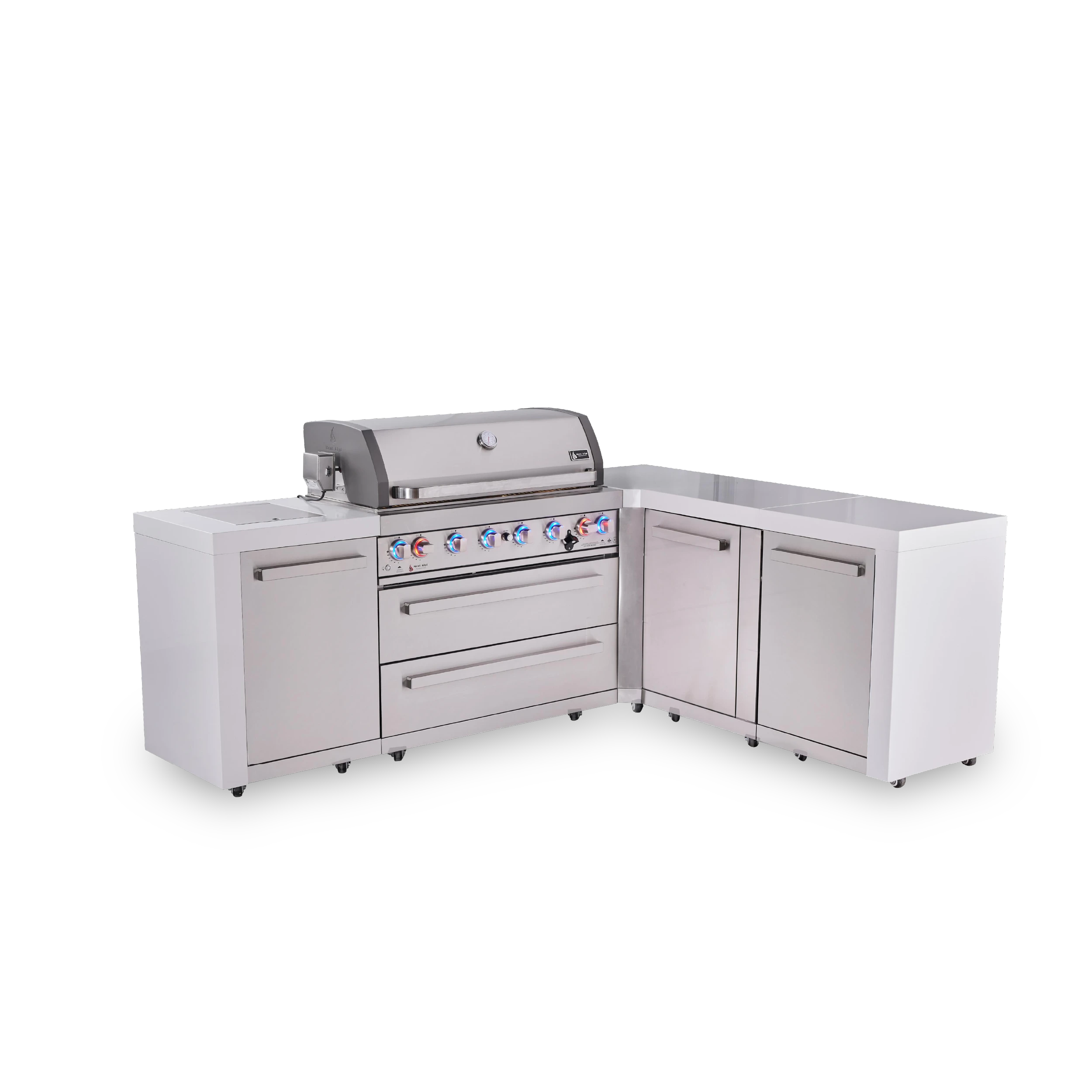 6-burner L-shaped Deluxe Series Outdoor Kitchen Island With Xl Extra Storage Cabinet Module MAI805D90XL