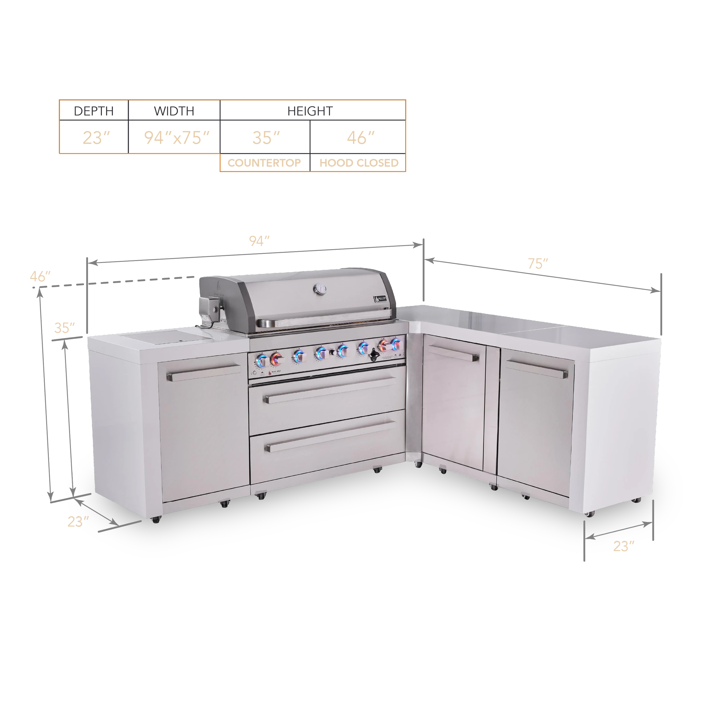 6-burner L-shaped Deluxe Series Outdoor Kitchen Island With Xl Extra Storage Cabinet Module MAI805D90XL