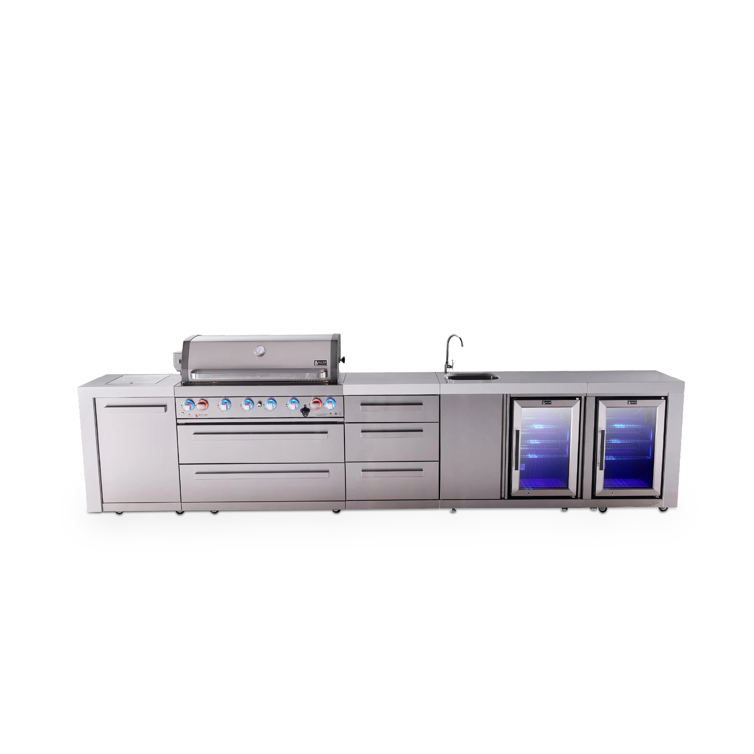 6-burner Deluxe Series Outdoor Kitchen Island With Beverage Center And Corner Fridge Module Plus Extra Drawer Slides Cabinet MAI805DBEVFCDR