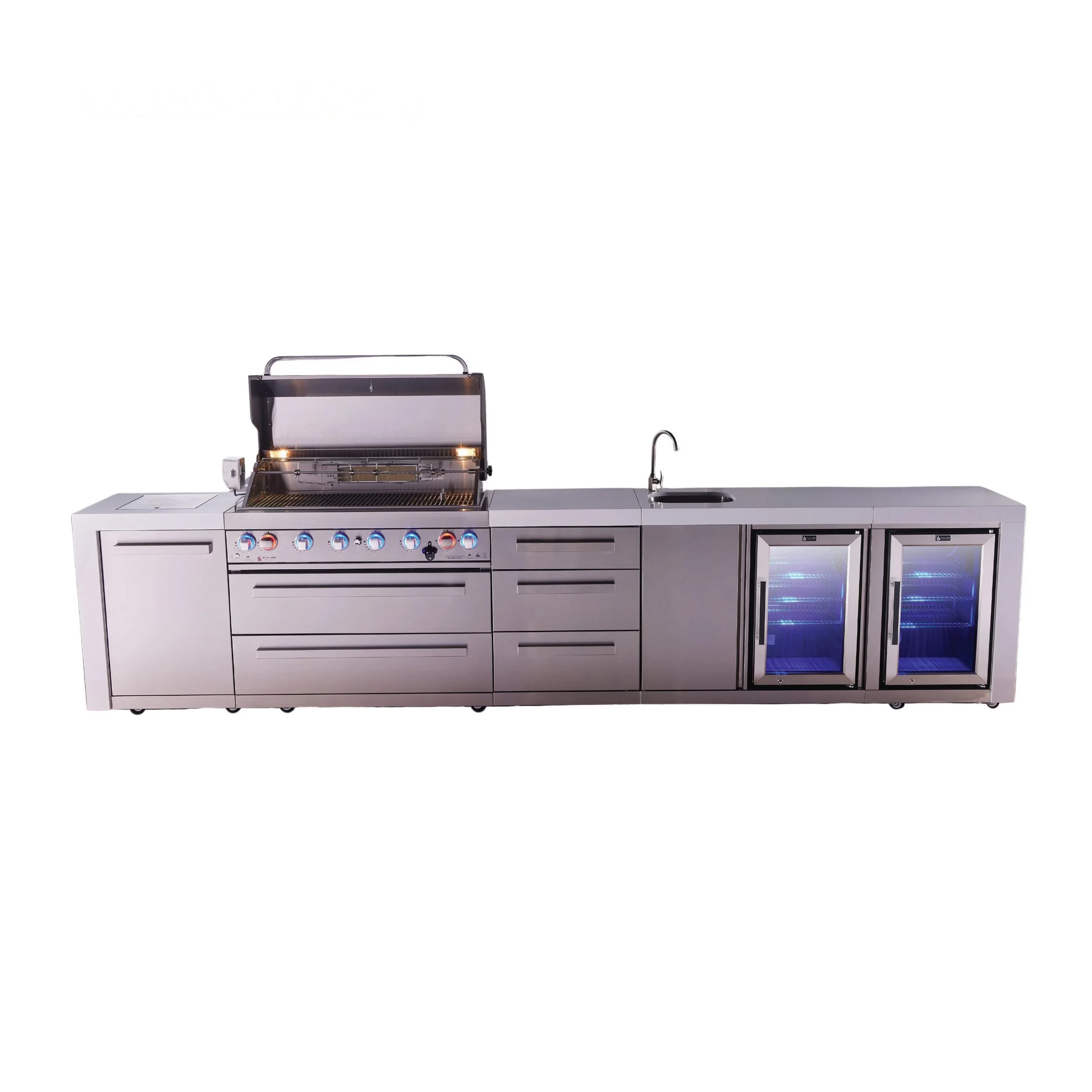 6-burner Deluxe Series Outdoor Kitchen Island With Beverage Center And Corner Fridge Module Plus Extra Drawer Slides Cabinet MAI805DBEVFCDR