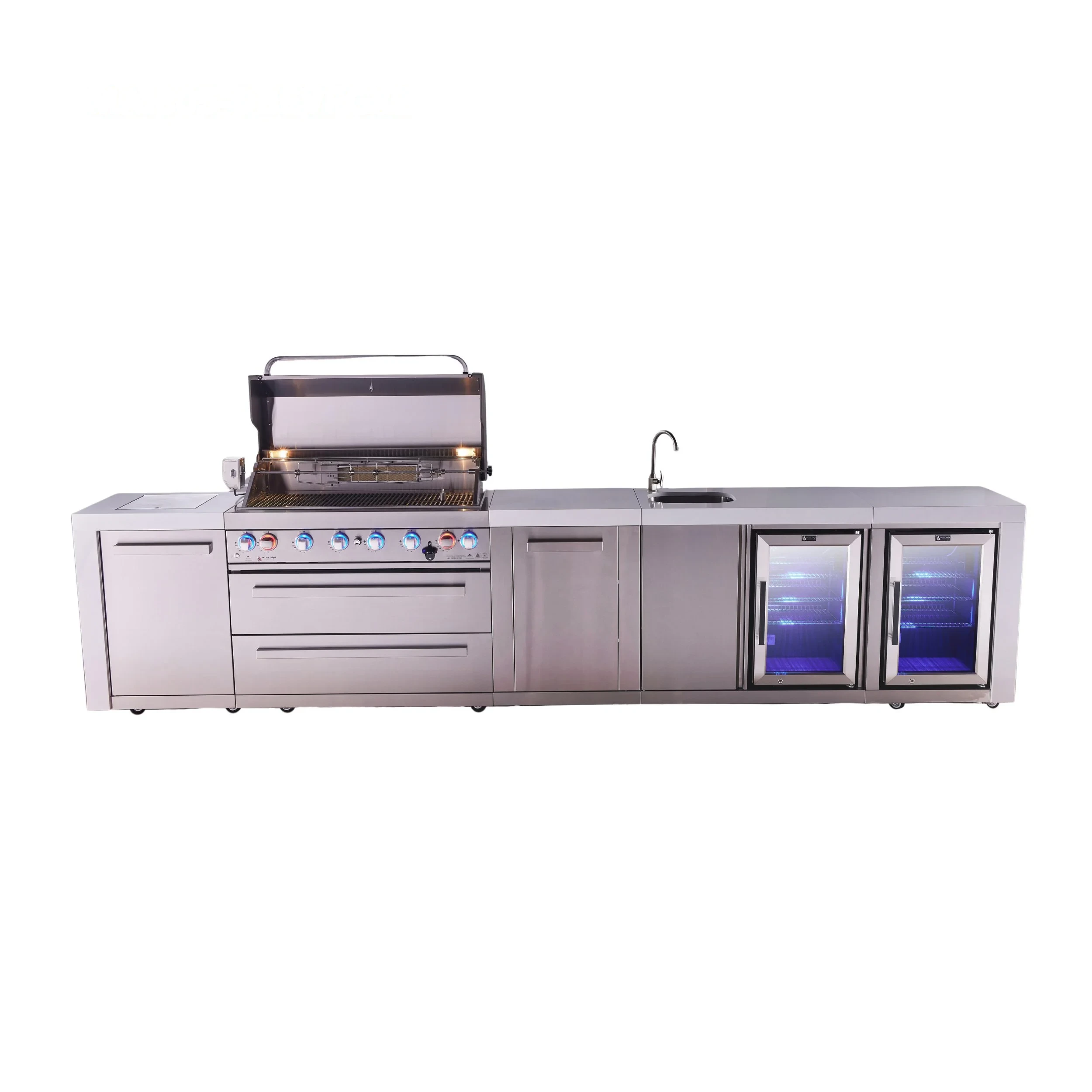 6-burner Deluxe Series Outdoor Kitchen Island With Beverage Center, Deluxe Fridge Module And Xl Extra Storage Cabinet MAI805DBEVFCXL
