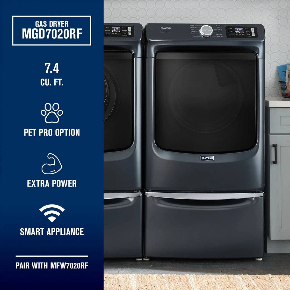 27 Inch Smart Pet Pro Front Load Gas Dryer with 7.4 cu. ft. Capacity, Steam Cycle, Quick Dry, Remote Start, Drum Light, and Advanced Moisture Sensing view 2