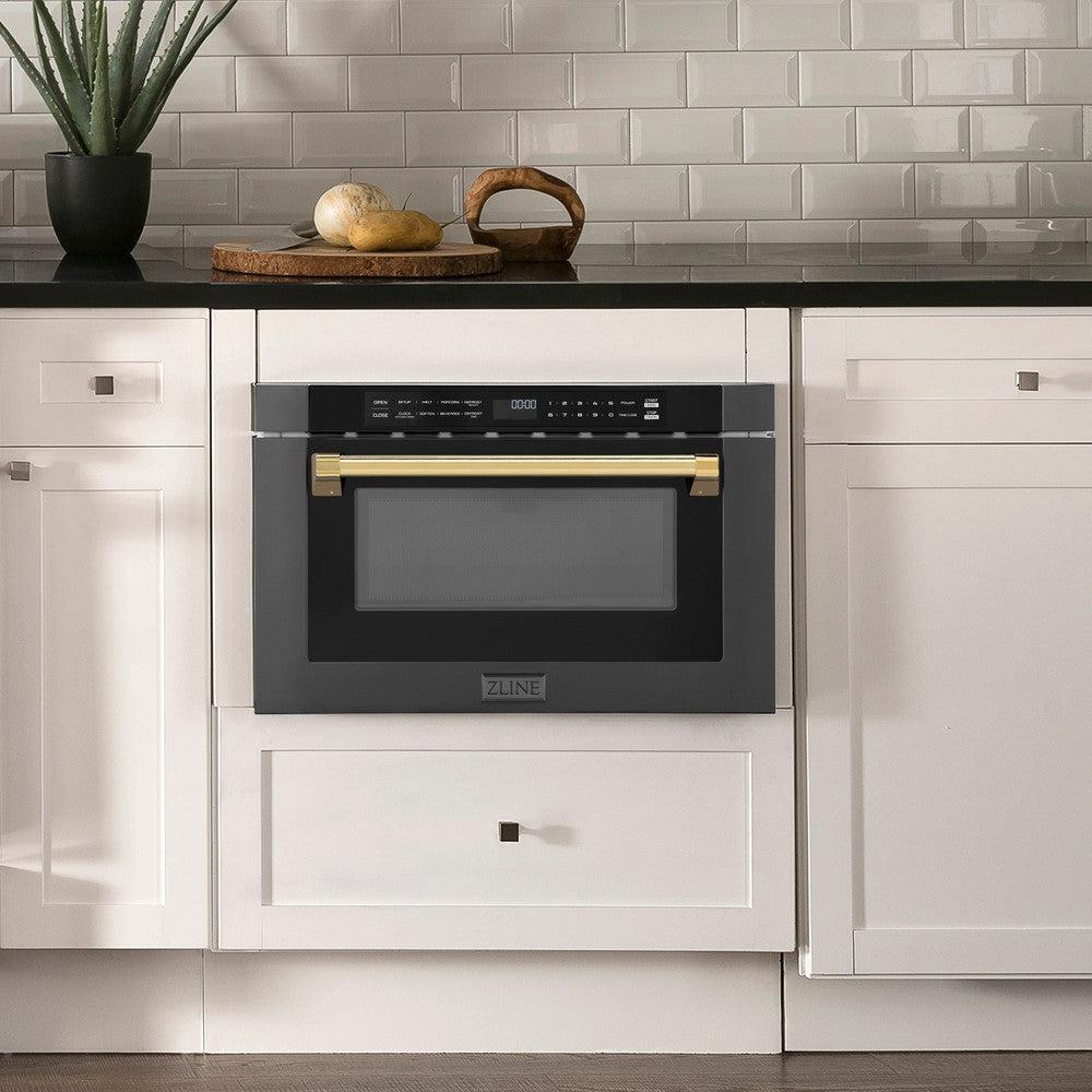 Autograph Edition 24 In. 1.2 Cu. Ft. Built-in Microwave Drawer In Black Stainless Steel With Polished Gold Accents MWDZ1BSHG