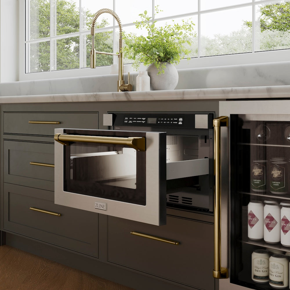 Autograph Edition 24 In. 1.2 Cu. Ft. Built-in Microwave Drawer With A Traditional Handle In Stainless Steel And Champagne Bronze Accents MWDZ1HCB