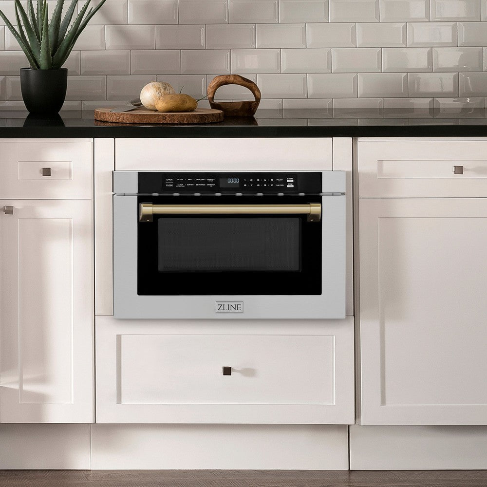 Autograph Edition 24 In. 1.2 Cu. Ft. Built-in Microwave Drawer With A Traditional Handle In Stainless Steel And Champagne Bronze Accents MWDZ1HCB