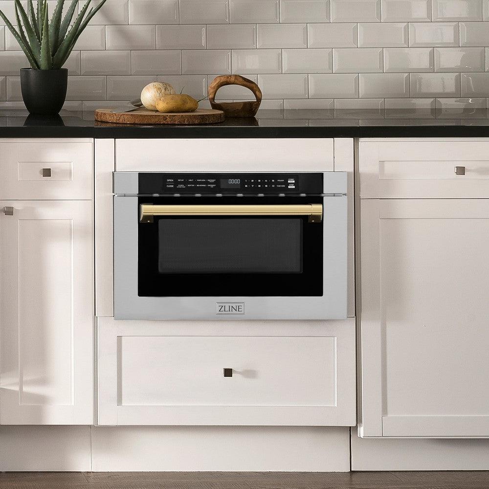 Autograph Edition 24 In. 1.2 Cu. Ft. Built-in Microwave Drawer With A Traditional Handle In Stainless Steel And Polished Gold Accents MWDZ1HG