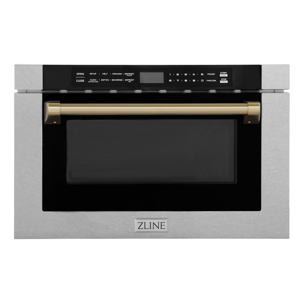 Autograph Edition 24 In. 1.2 Cu. Ft. Built-in Microwave Drawer With A Traditional Handle In Satin Stainless Steel And Champagne Bronze Accents MWDZ1SSHCB