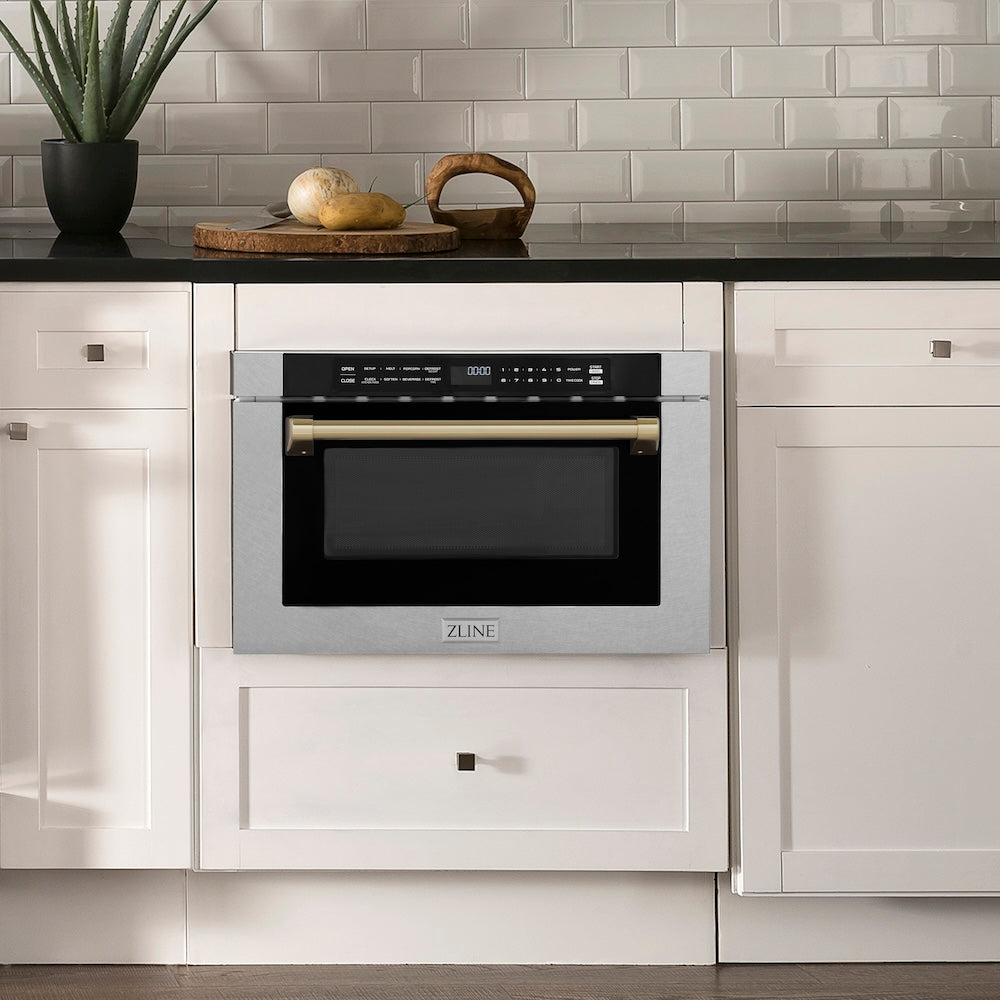 Autograph Edition 24 In. 1.2 Cu. Ft. Built-in Microwave Drawer With A Traditional Handle In Satin Stainless Steel And Champagne Bronze Accents MWDZ1SSHCB