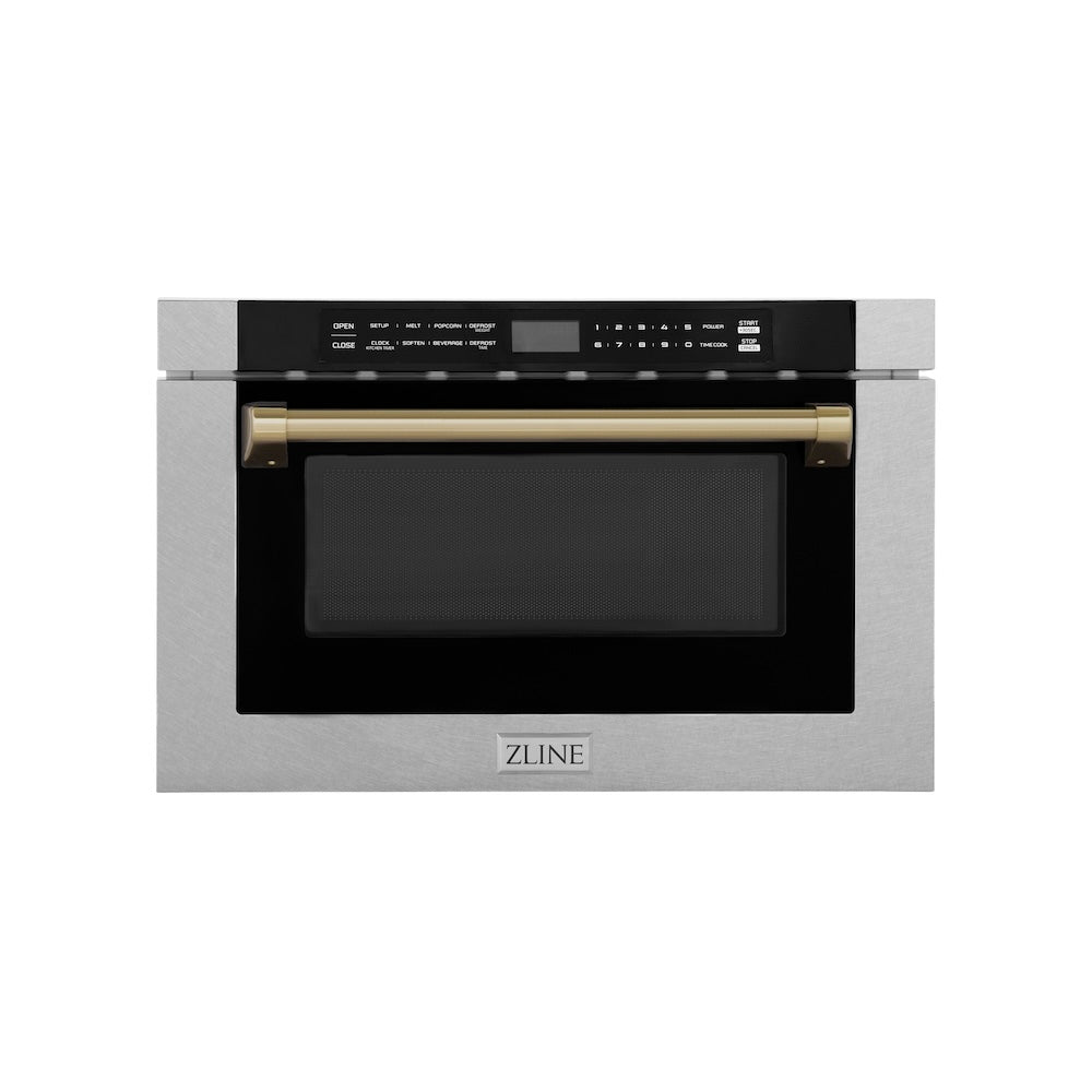 Autograph Edition 24 In. 1.2 Cu. Ft. Built-in Microwave Drawer With A Traditional Handle In Satin Stainless Steel And Champagne Bronze Accents MWDZ1SSHCB