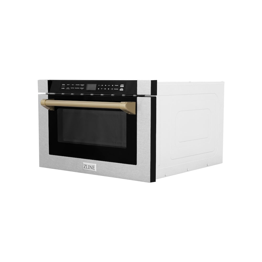 Autograph Edition 24 In. 1.2 Cu. Ft. Built-in Microwave Drawer With A Traditional Handle In Satin Stainless Steel And Champagne Bronze Accents MWDZ1SSHCB