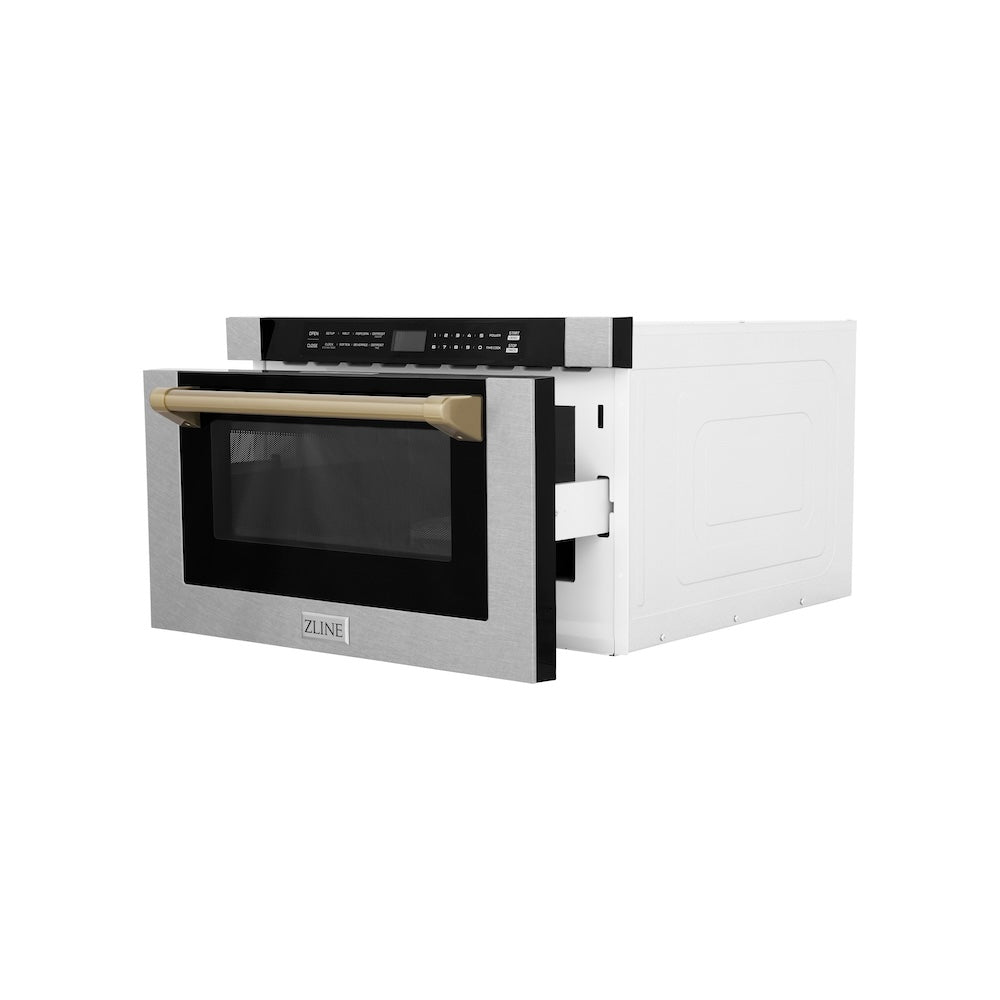 Autograph Edition 24 In. 1.2 Cu. Ft. Built-in Microwave Drawer With A Traditional Handle In Satin Stainless Steel And Champagne Bronze Accents MWDZ1SSHCB