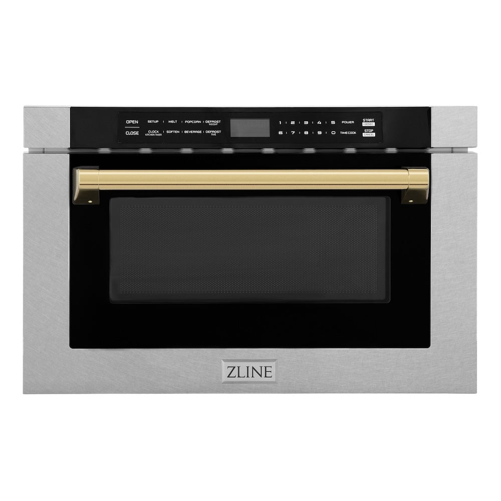Autograph Edition 24 In. 1.2 Cu. Ft. Built-in Microwave Drawer With A Traditional Handle In Satin Stainless Steel And Polished Gold Accents MWDZ1SSHG
