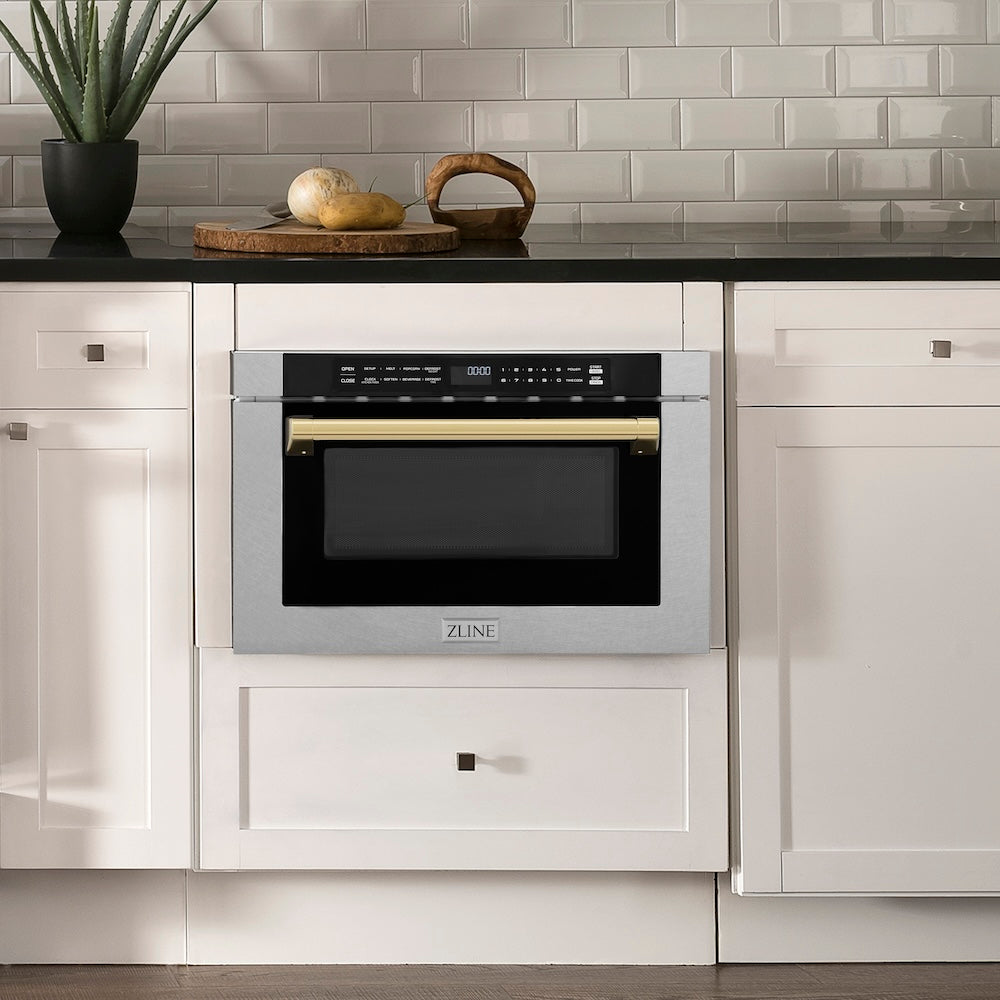 Autograph Edition 24 In. 1.2 Cu. Ft. Built-in Microwave Drawer With A Traditional Handle In Satin Stainless Steel And Polished Gold Accents MWDZ1SSHG
