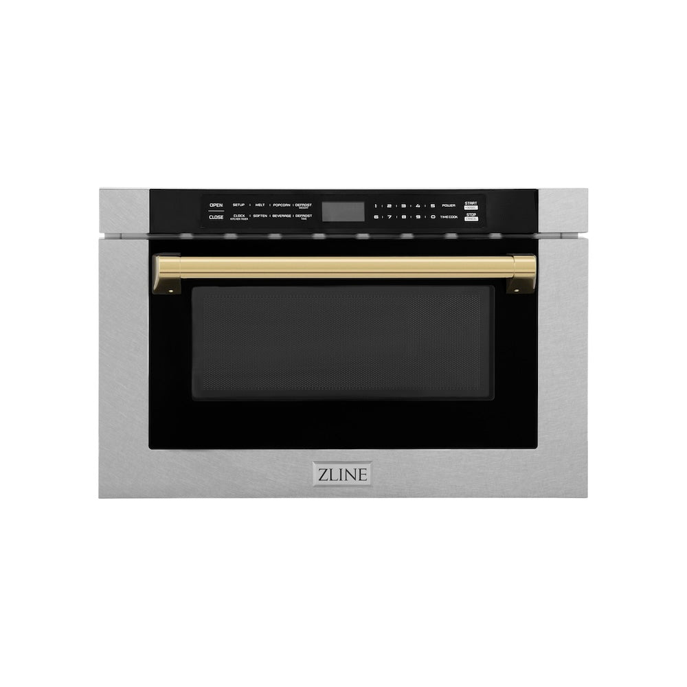 Autograph Edition 24 In. 1.2 Cu. Ft. Built-in Microwave Drawer With A Traditional Handle In Satin Stainless Steel And Polished Gold Accents MWDZ1SSHG
