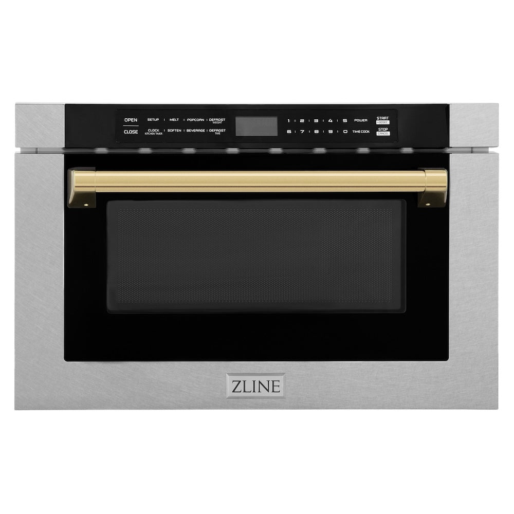 Autograph Edition 24 In. 1.2 Cu. Ft. Built-in Microwave Drawer With A Traditional Handle In Satin Stainless Steel And Polished Gold Accents MWDZ1SSHG