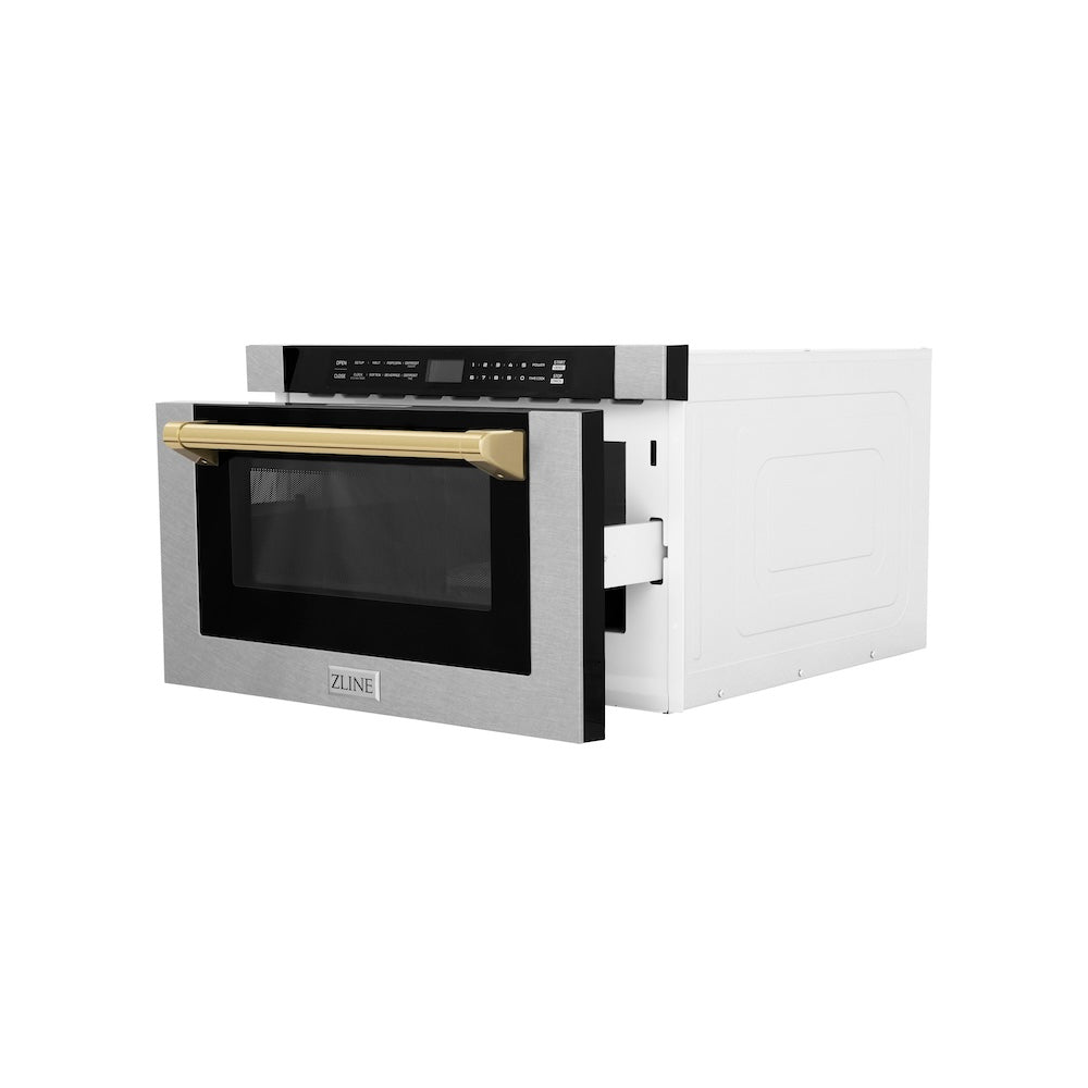 Autograph Edition 24 In. 1.2 Cu. Ft. Built-in Microwave Drawer With A Traditional Handle In Satin Stainless Steel And Polished Gold Accents MWDZ1SSHG