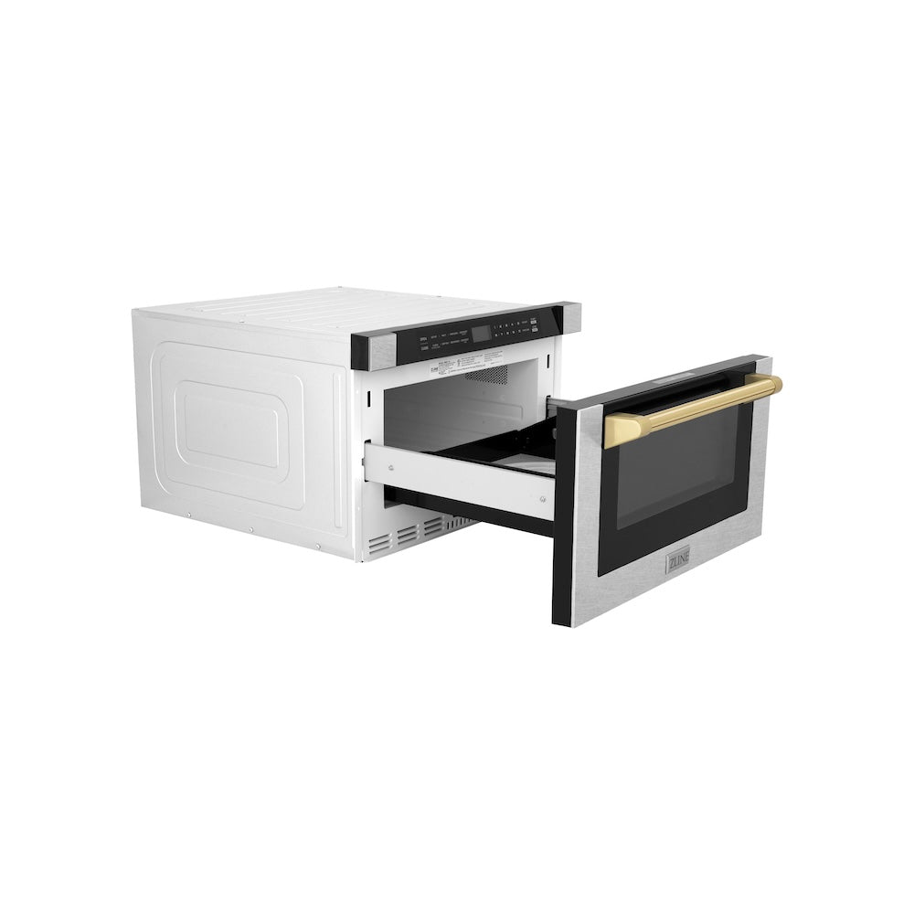 Autograph Edition 24 In. 1.2 Cu. Ft. Built-in Microwave Drawer With A Traditional Handle In Satin Stainless Steel And Polished Gold Accents MWDZ1SSHG