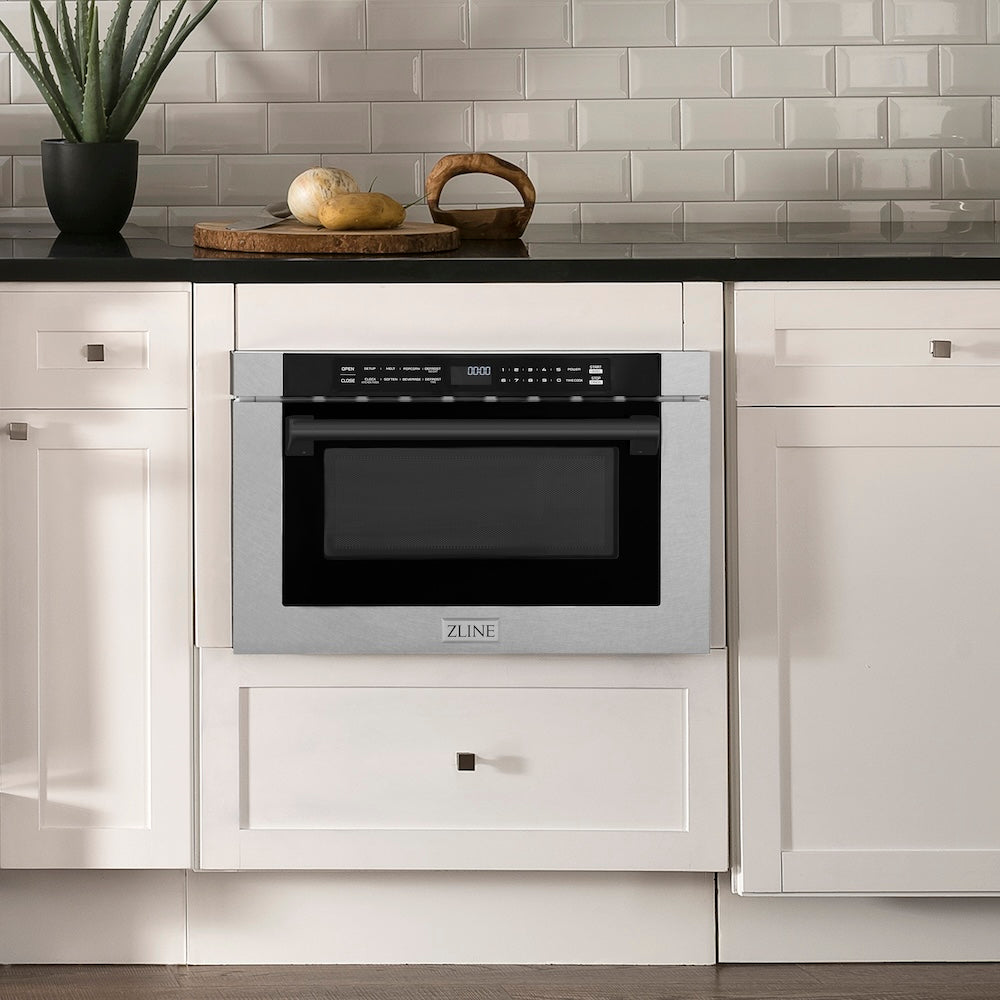Autograph Edition 24 In. 1.2 Cu. Ft. Built-in Microwave Drawer With A Traditional Handle In Satin Stainless Steel And Matte Black Accents MWDZ1SSHMB