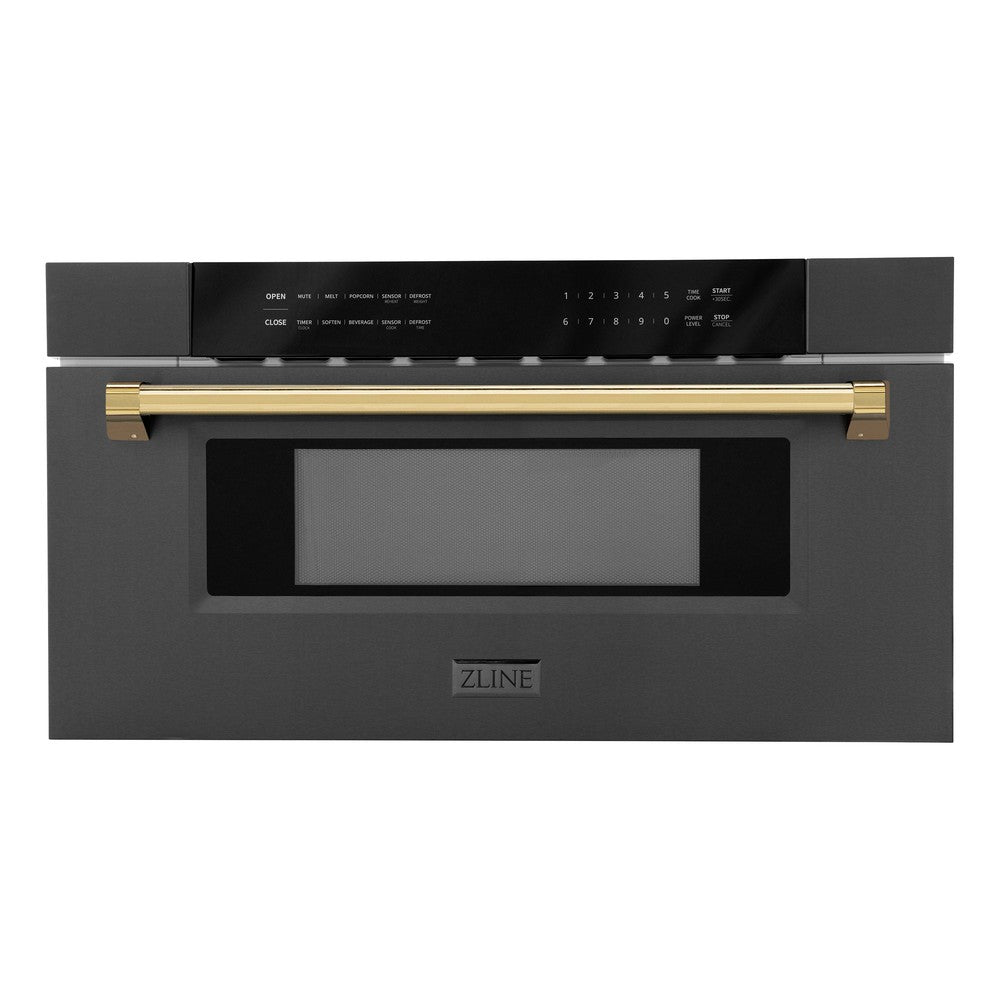 Autograph Edition 30 In. 1.2 Cu. Ft. Built-in Microwave Drawer In Black Stainless Steel With Polished Gold Accents MWDZ30BSG