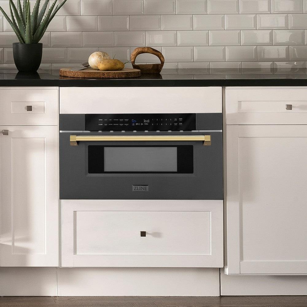 Autograph Edition 30 In. 1.2 Cu. Ft. Built-in Microwave Drawer In Black Stainless Steel With Polished Gold Accents MWDZ30BSG