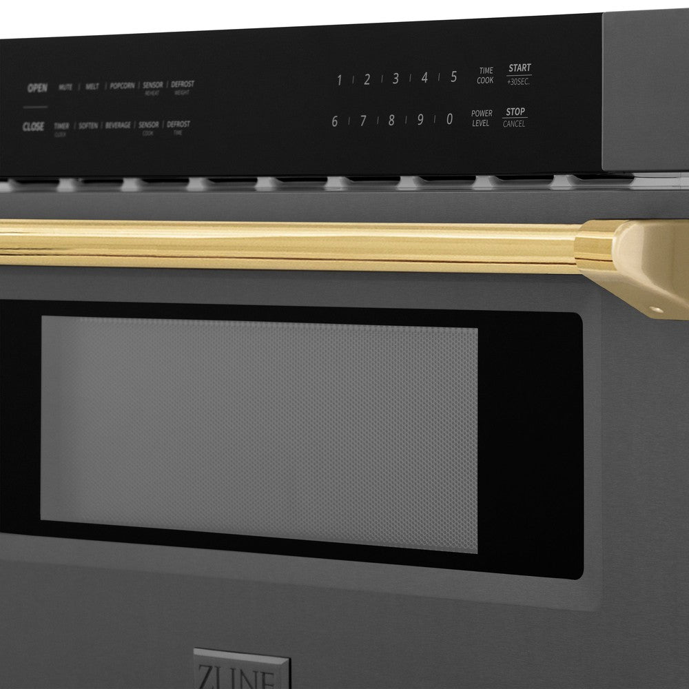 Autograph Edition 30 In. 1.2 Cu. Ft. Built-in Microwave Drawer In Black Stainless Steel With Polished Gold Accents MWDZ30BSG