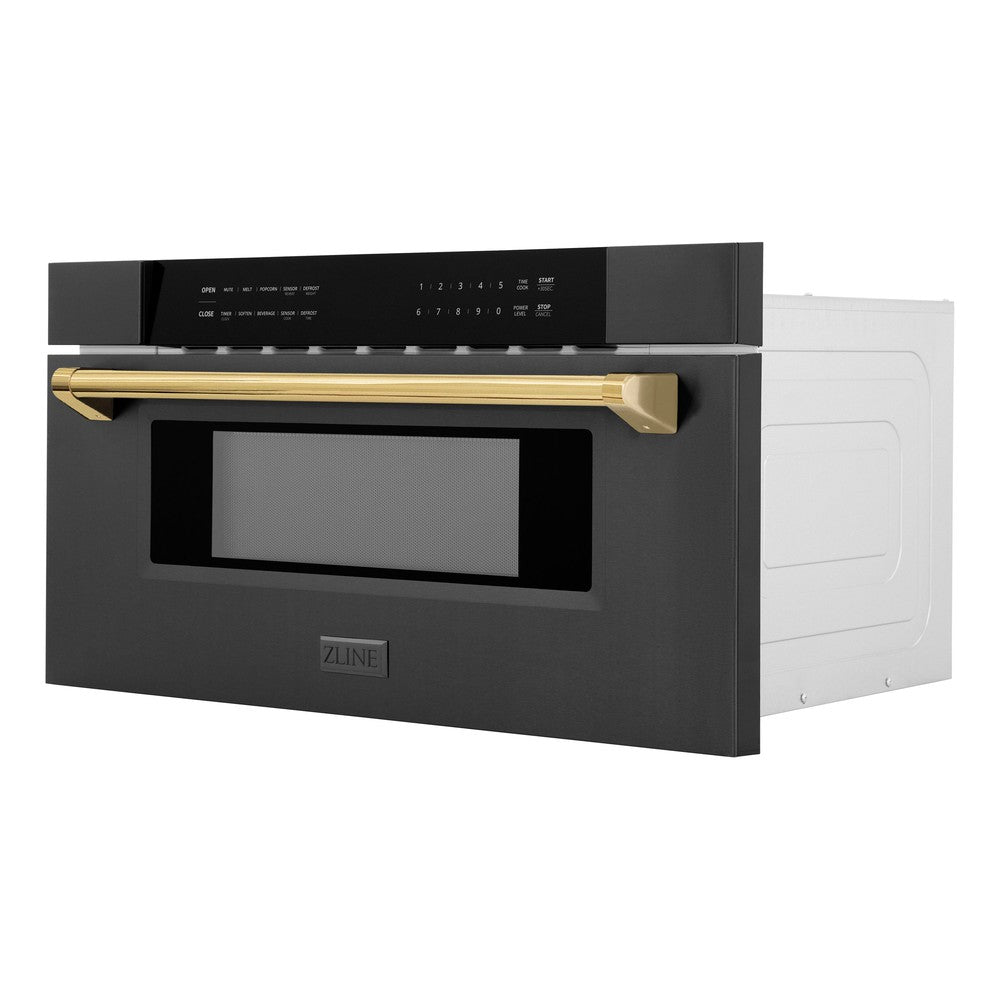 Autograph Edition 30 In. 1.2 Cu. Ft. Built-in Microwave Drawer In Black Stainless Steel With Polished Gold Accents MWDZ30BSG