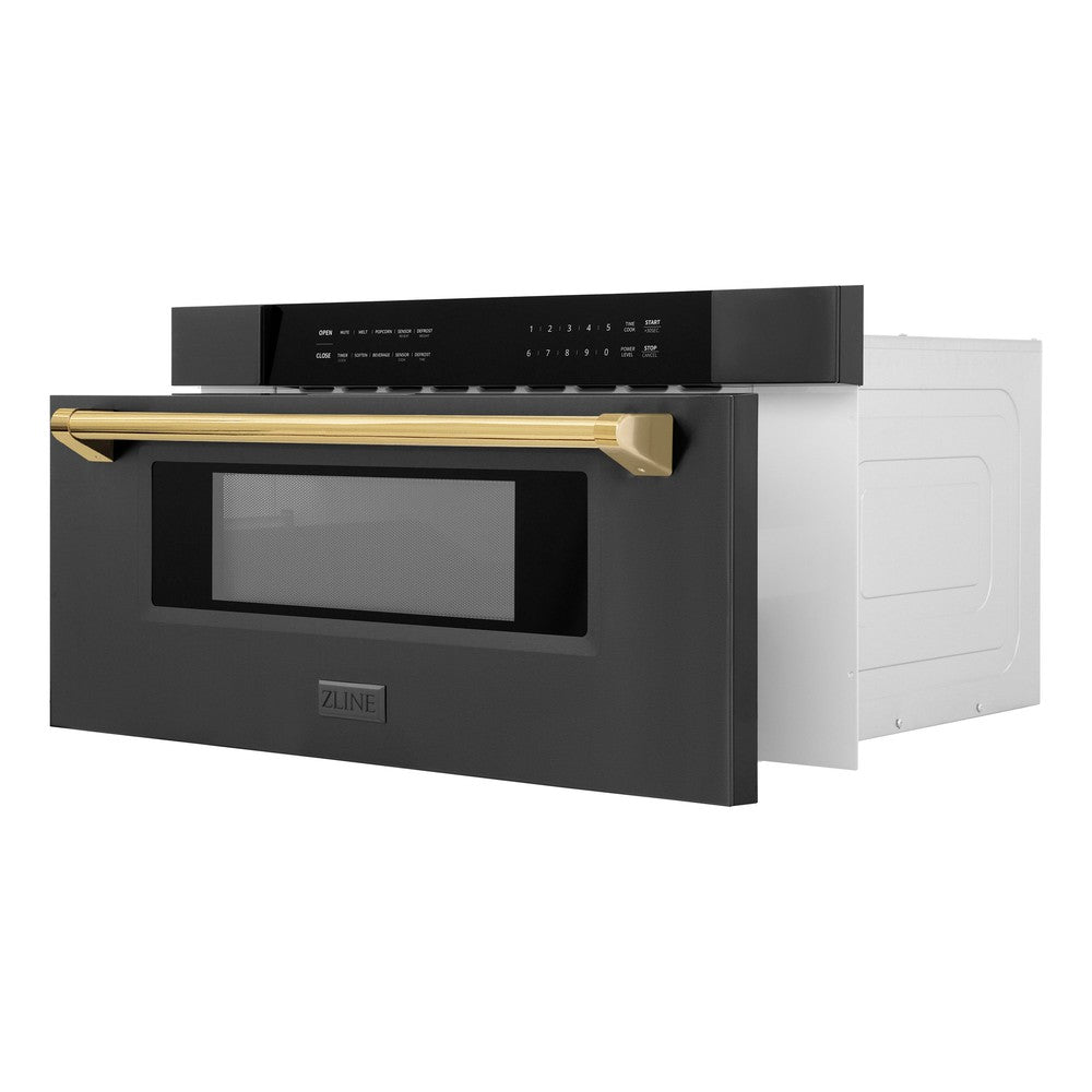 Autograph Edition 30 In. 1.2 Cu. Ft. Built-in Microwave Drawer In Black Stainless Steel With Polished Gold Accents MWDZ30BSG