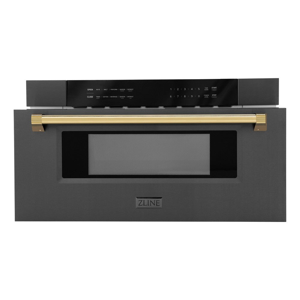 Autograph Edition 30 In. 1.2 Cu. Ft. Built-in Microwave Drawer In Black Stainless Steel With Polished Gold Accents MWDZ30BSG
