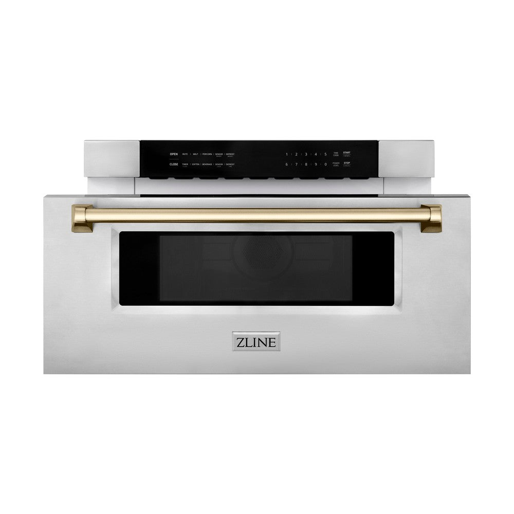 Autograph Edition 30 In. 1.2 Cu. Ft. Built-in Microwave Drawer In Stainless Steel With Polished Gold Accents MWDZ30G