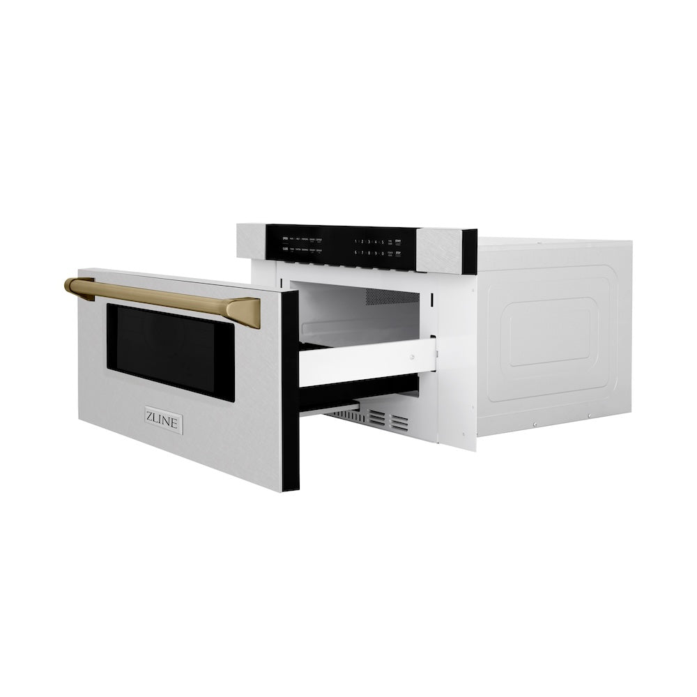 Autograph Edition 30 In. 1.2 Cu. Ft. Built-in Microwave Drawer In Satin Stainless Steel With Champagne Bronze Accents MWDZ30SSCB