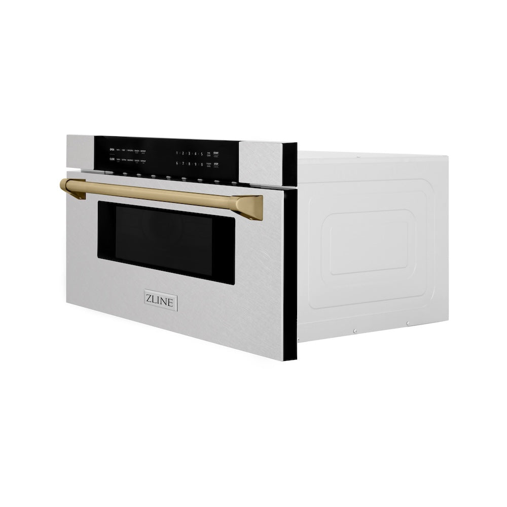 Autograph Edition 30 In. 1.2 Cu. Ft. Built-in Microwave Drawer In Satin Stainless Steel With Champagne Bronze Accents MWDZ30SSCB