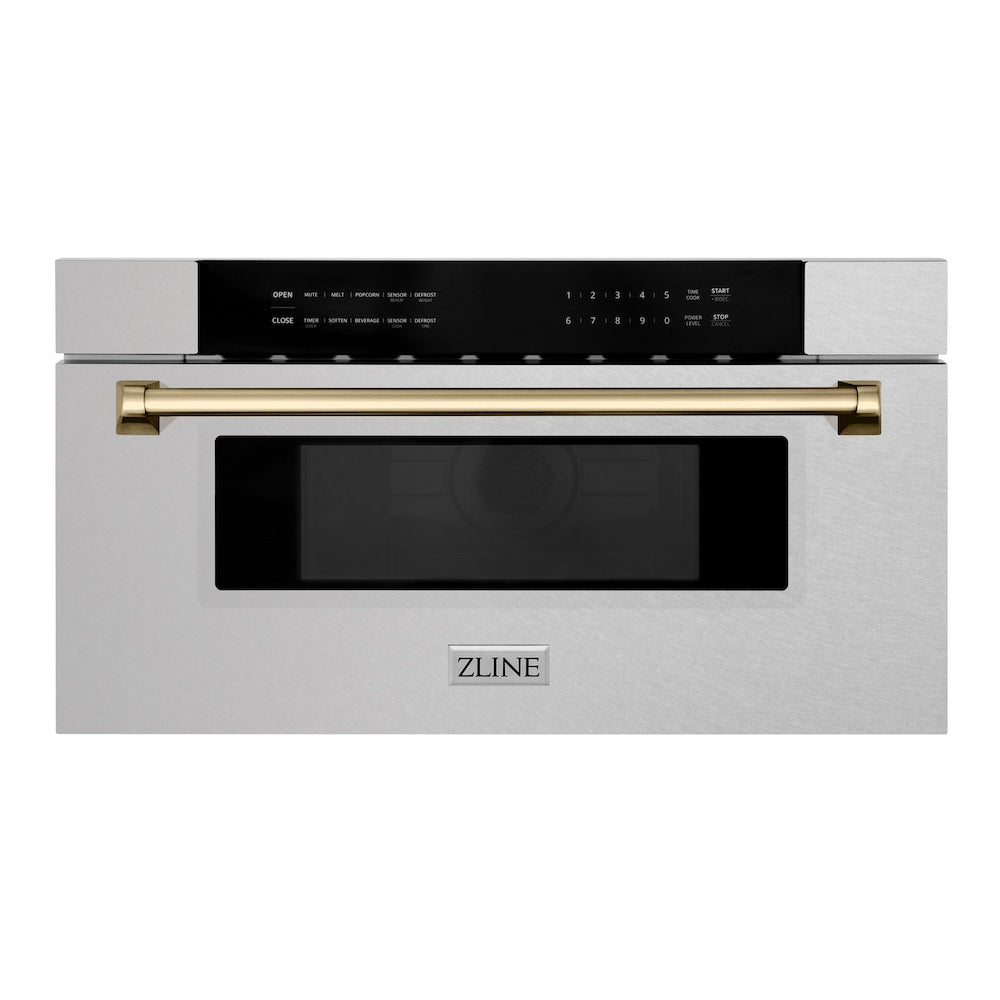 Autograph Edition 30 In. 1.2 Cu. Ft. Built-in Microwave Drawer In Satin Stainless Steel With Champagne Bronze Accents MWDZ30SSCB
