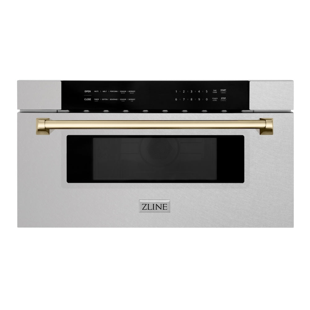 Autograph Edition 30 In. 1.2 Cu. Ft. Built-in Microwave Drawer In Satin Stainless Steel With Polished Gold Accents MWDZ30SSG