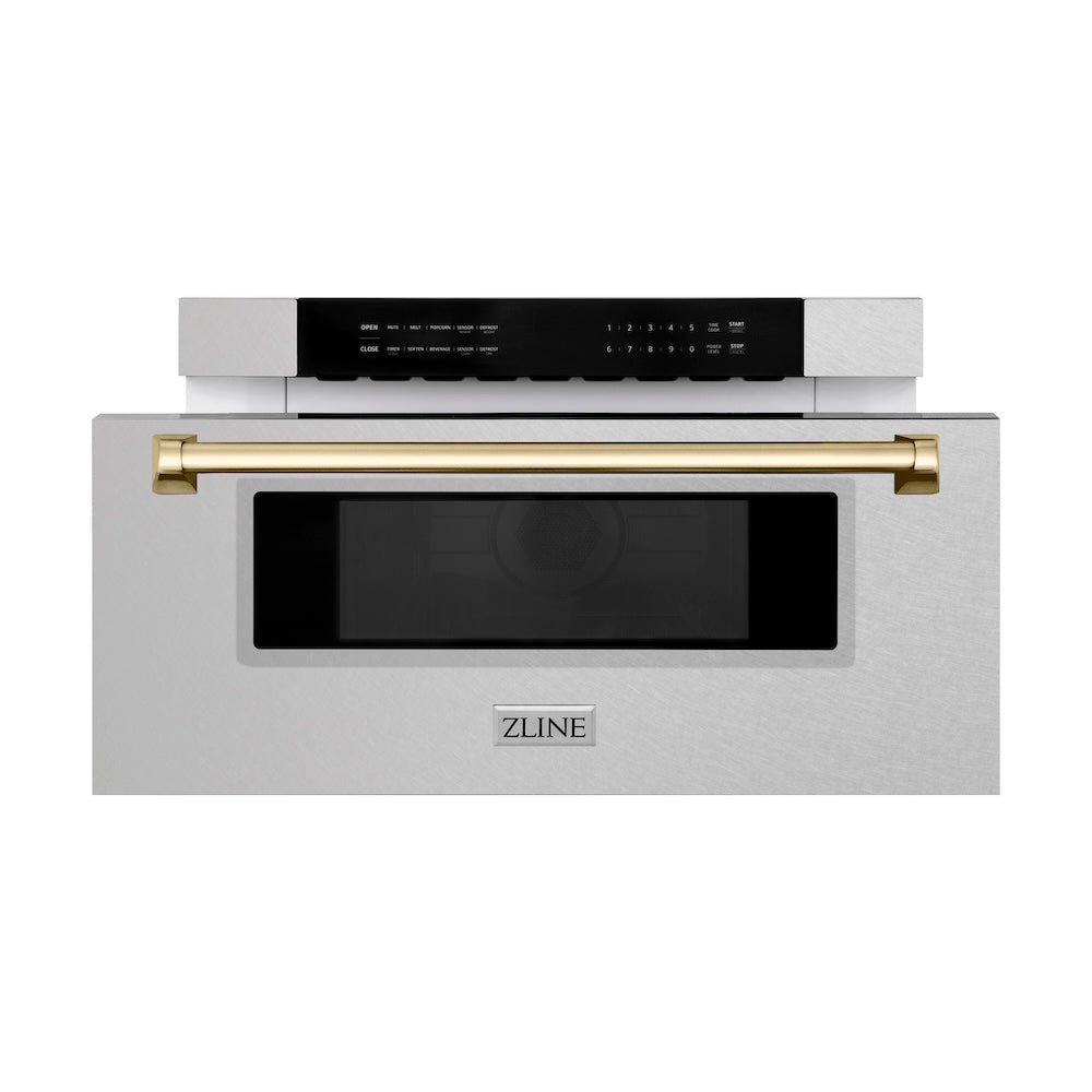 Autograph Edition 30 In. 1.2 Cu. Ft. Built-in Microwave Drawer In Satin Stainless Steel With Polished Gold Accents MWDZ30SSG